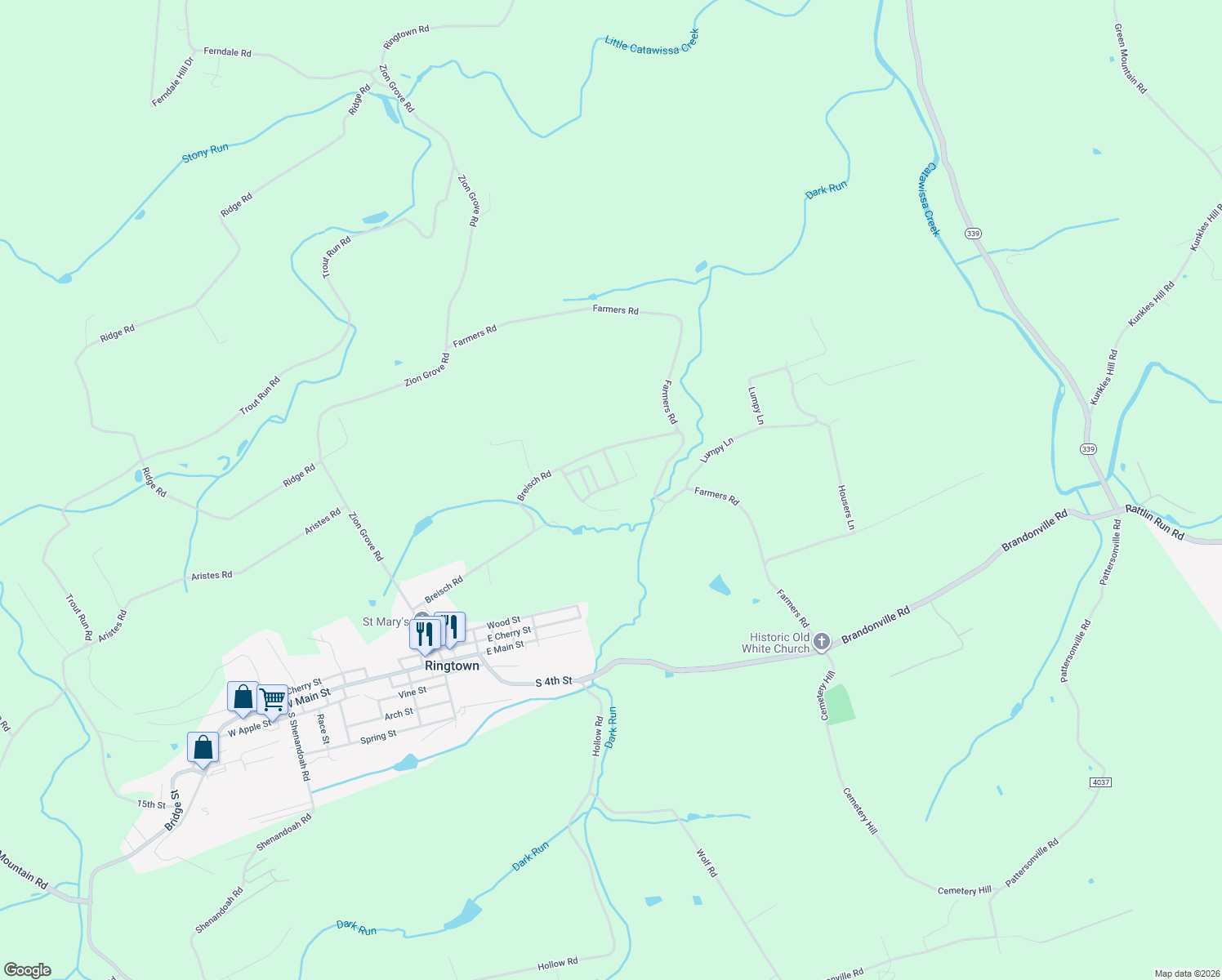 map of restaurants, bars, coffee shops, grocery stores, and more near 2669 Melanie Manor in Ringtown
