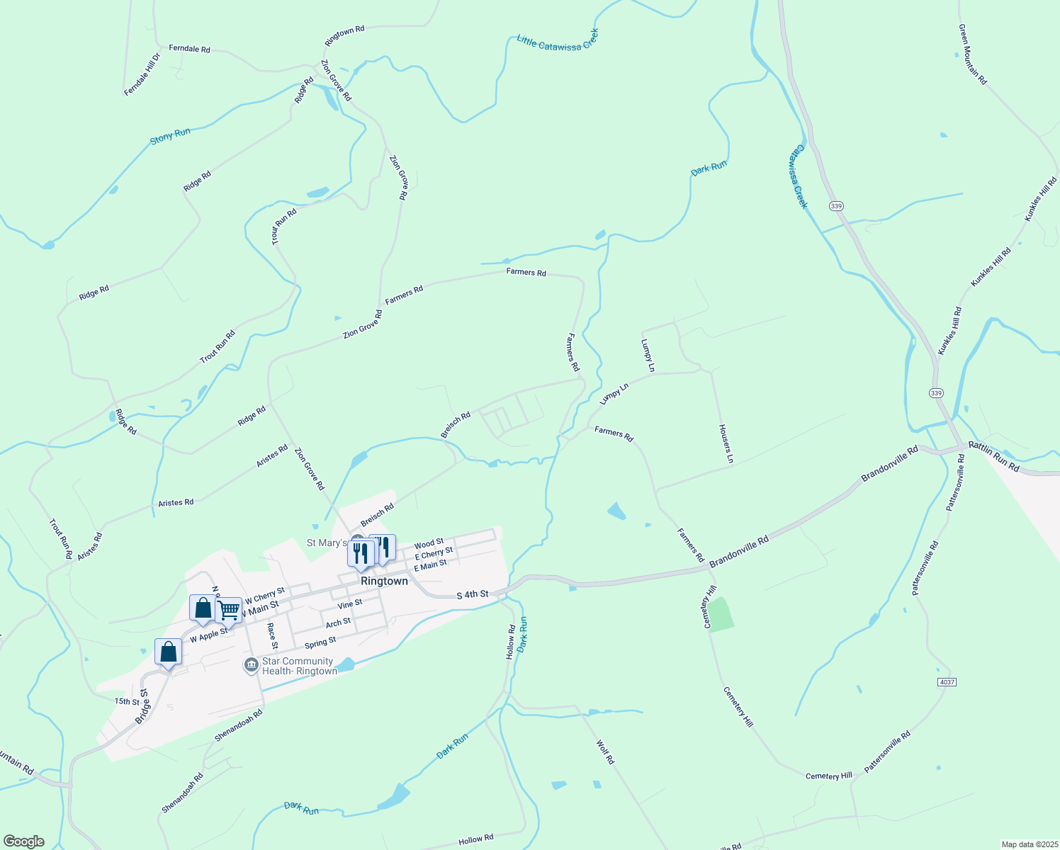 map of restaurants, bars, coffee shops, grocery stores, and more near 2670 Melanie Manor in Ringtown