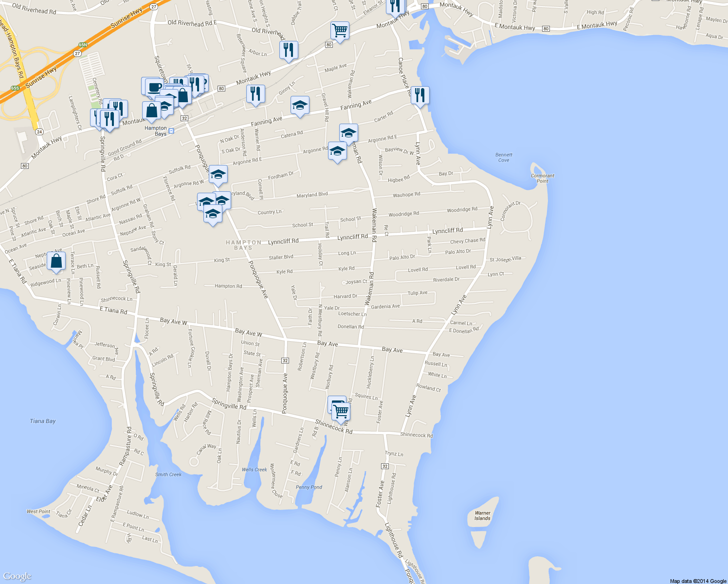 map of restaurants, bars, coffee shops, grocery stores, and more near 4 Harvard Drive in Hampton Bays