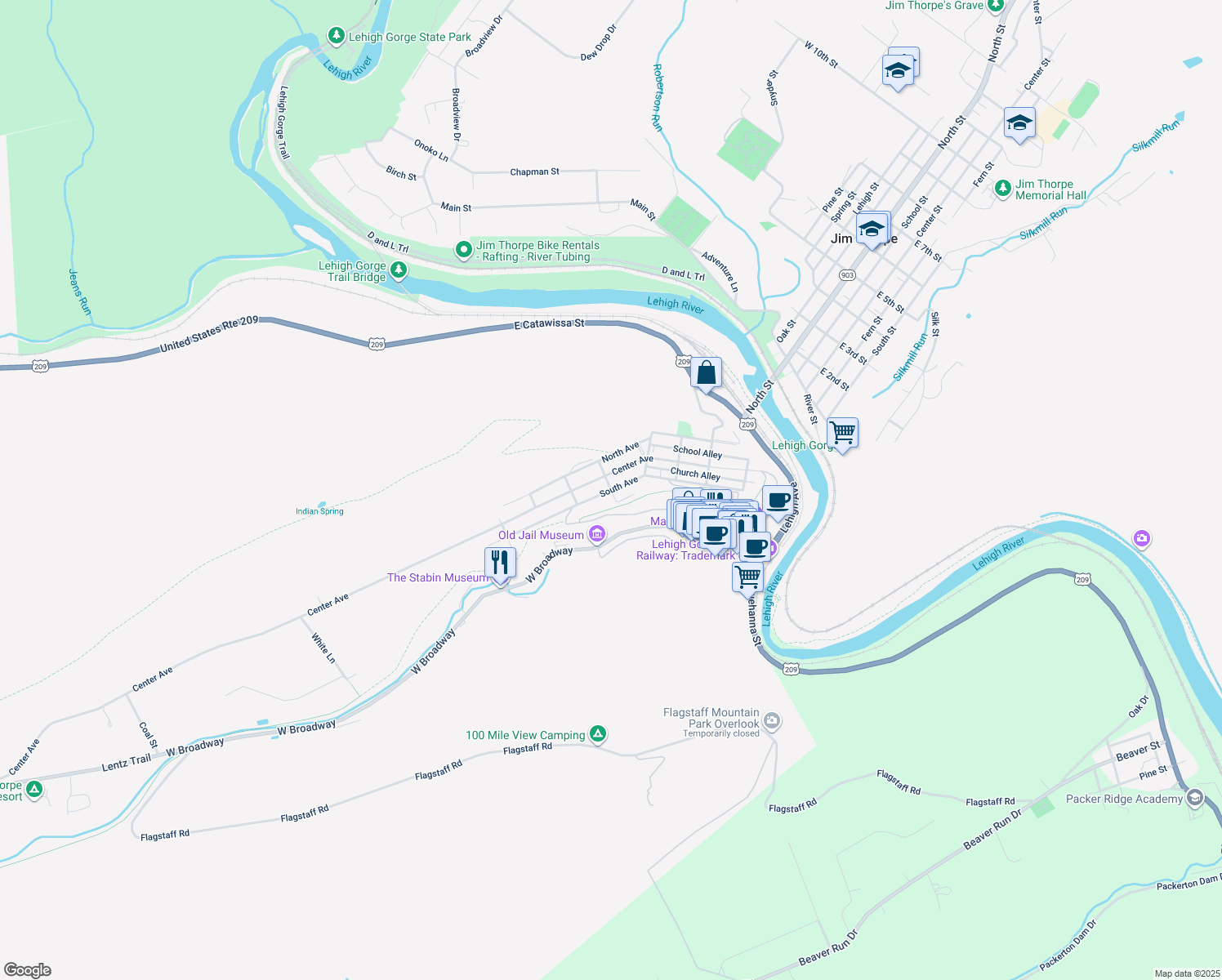 map of restaurants, bars, coffee shops, grocery stores, and more near South Avenue in Jim Thorpe
