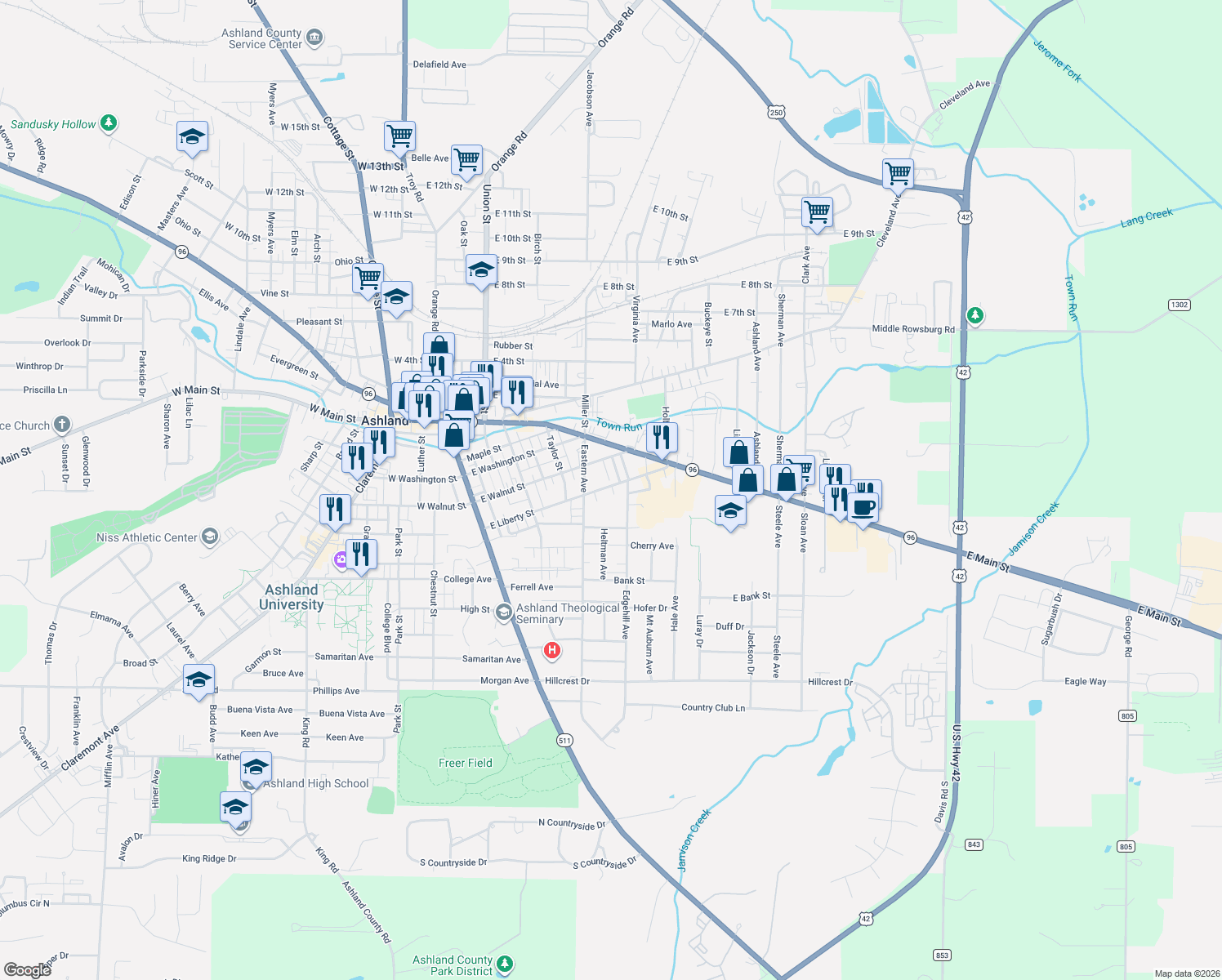 map of restaurants, bars, coffee shops, grocery stores, and more near 435 E Liberty St in Ashland