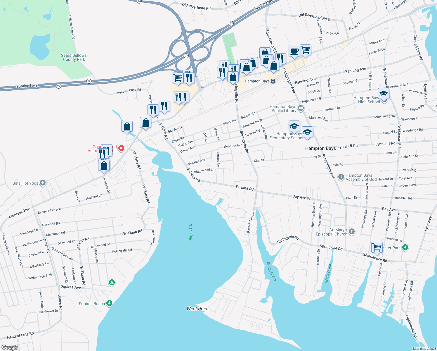 map of restaurants, bars, coffee shops, grocery stores, and more near 8 Pineview Lane in Hampton Bays