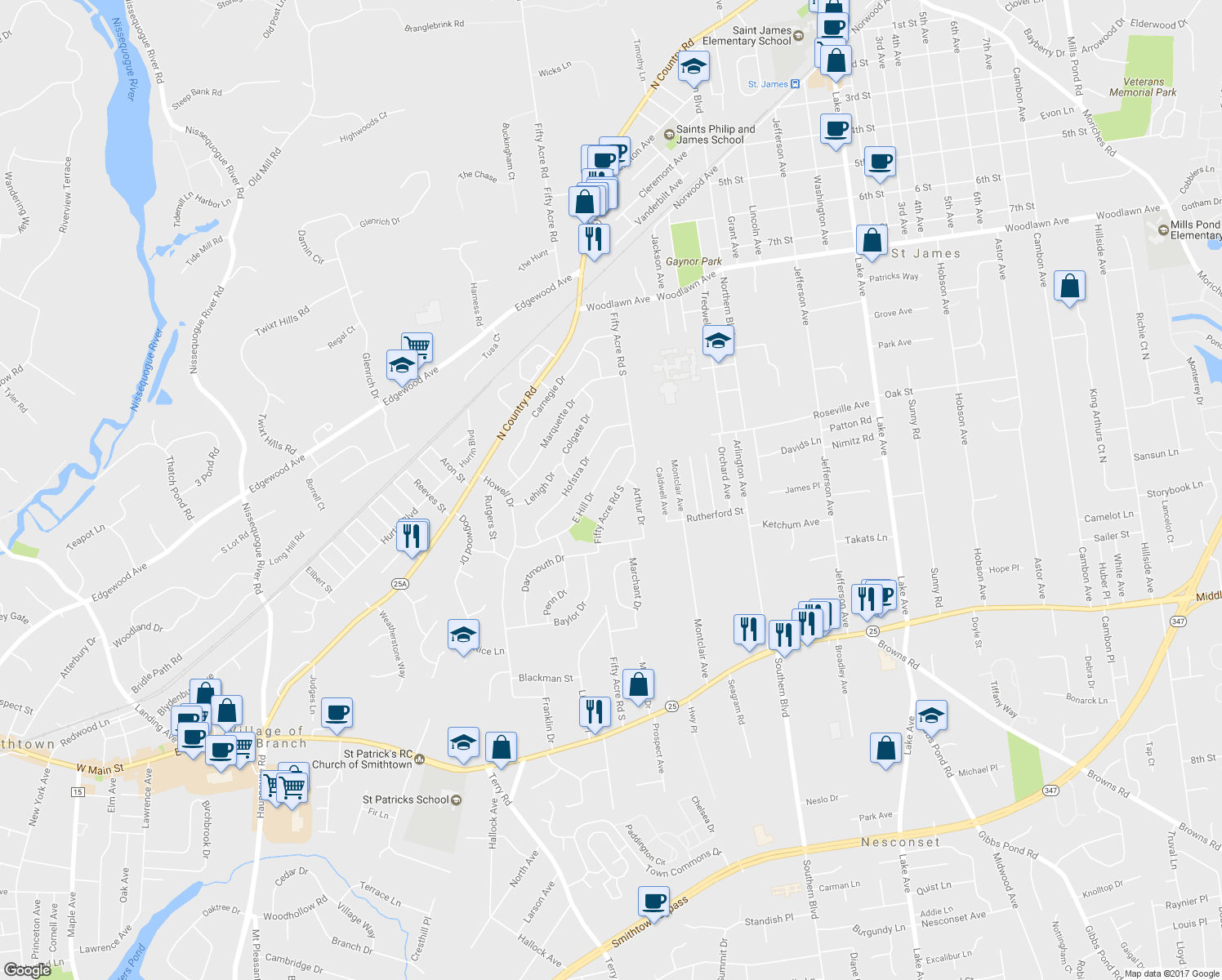 map of restaurants, bars, coffee shops, grocery stores, and more near 106 Fifty Acre Road South in Smithtown