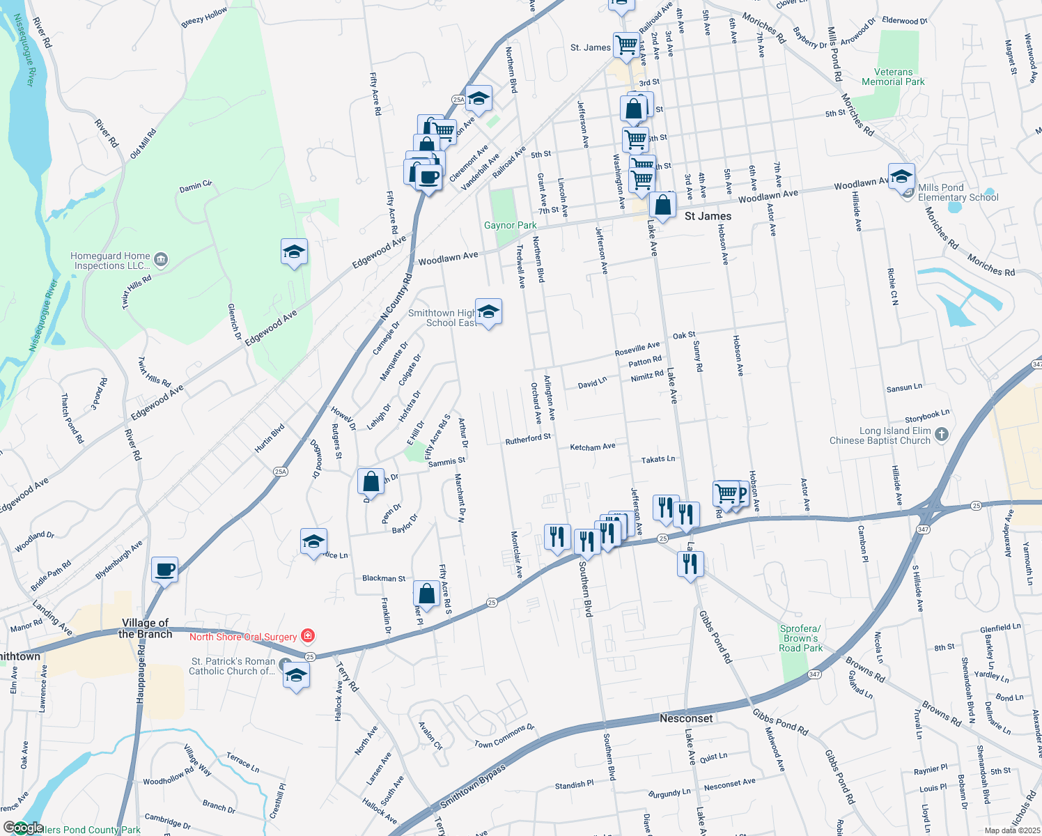 map of restaurants, bars, coffee shops, grocery stores, and more near 148 Saint James Avenue South in Saint James