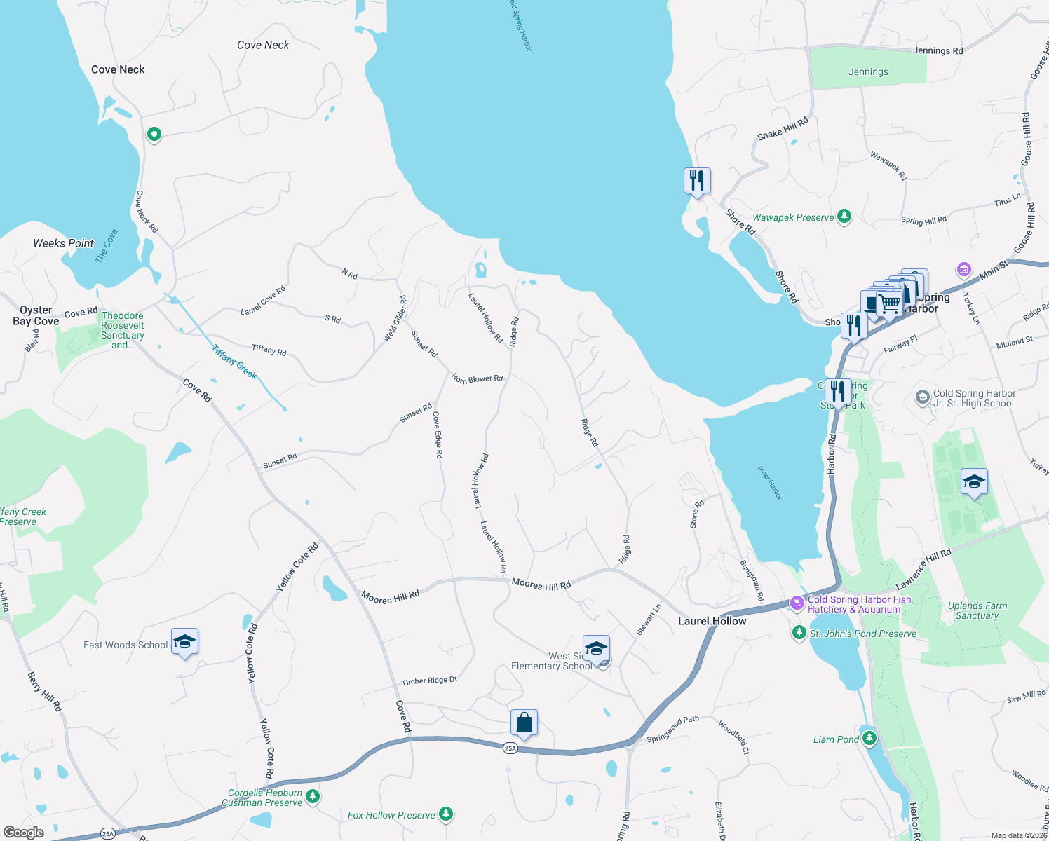 map of restaurants, bars, coffee shops, grocery stores, and more near 1330 Ridge Road in Syosset