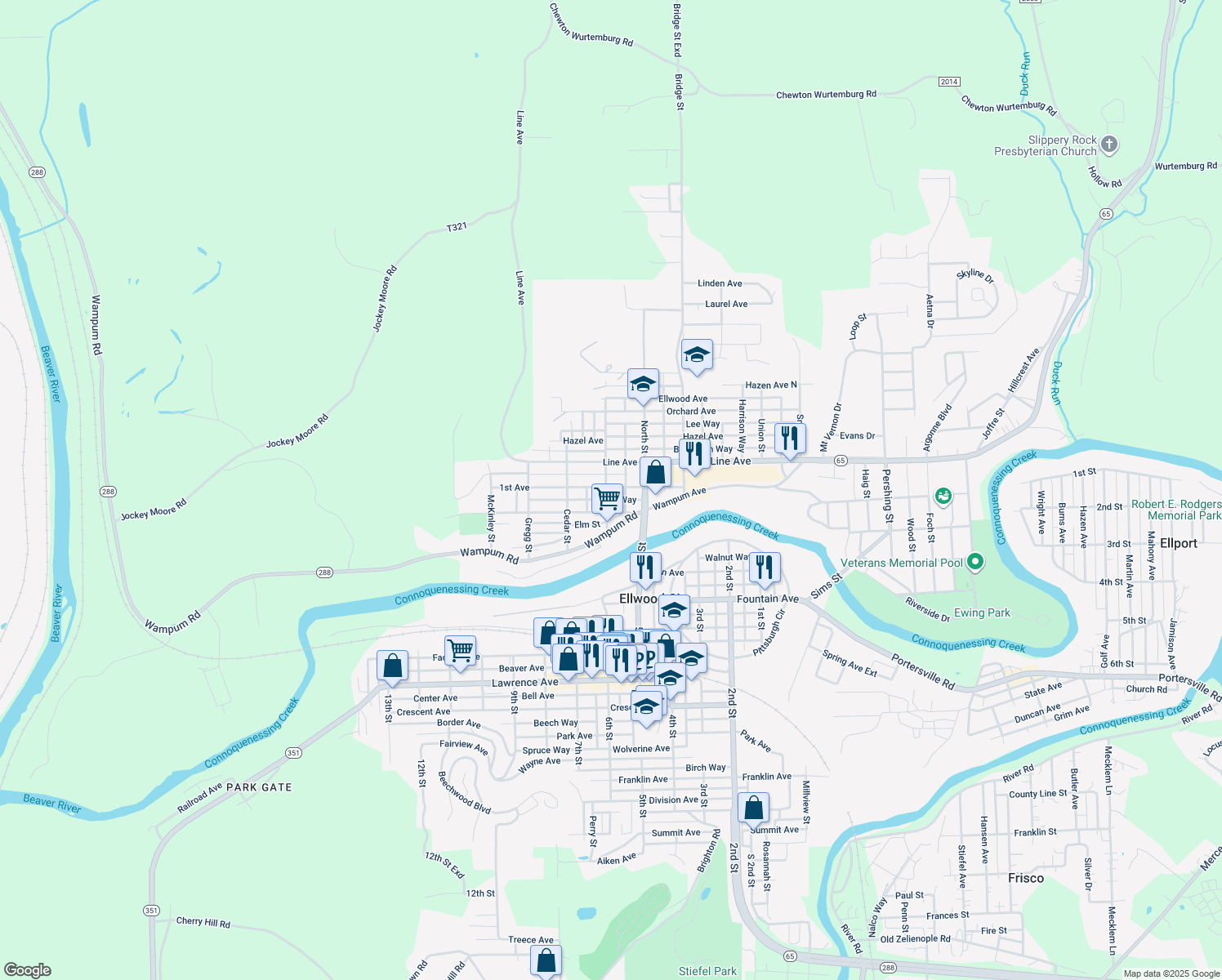 map of restaurants, bars, coffee shops, grocery stores, and more near 215 College Street in Ellwood City