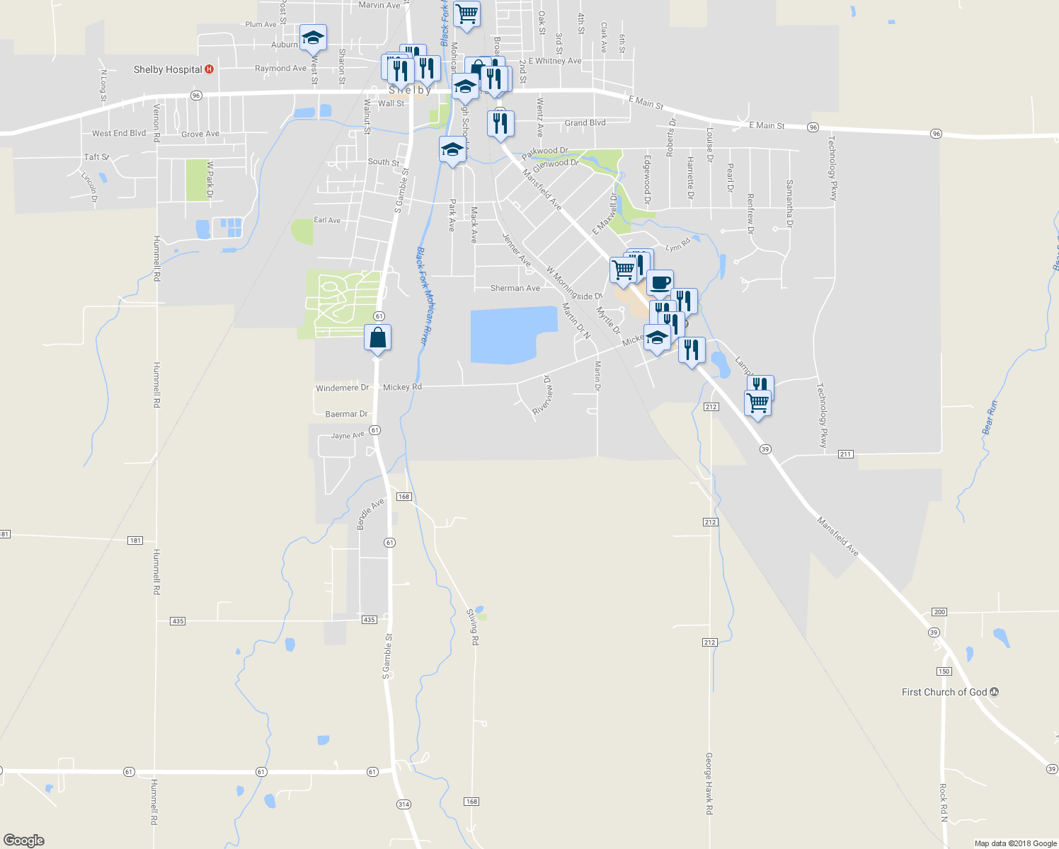 map of restaurants, bars, coffee shops, grocery stores, and more near 28 River Bend Drive in Shelby