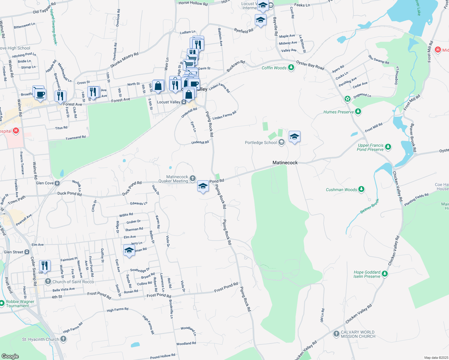 map of restaurants, bars, coffee shops, grocery stores, and more near 312 Duck Pond Road in Locust Valley