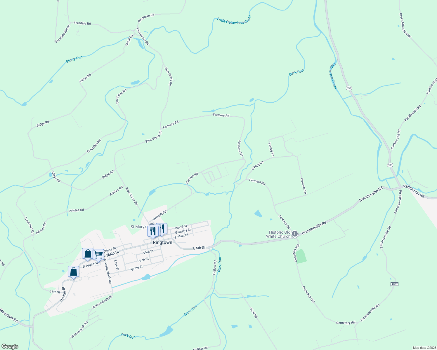 map of restaurants, bars, coffee shops, grocery stores, and more near 2669 Melanie Manor in Ringtown