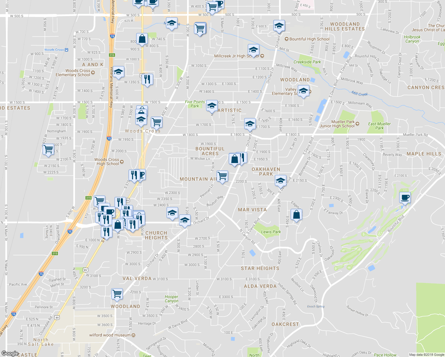 map of restaurants, bars, coffee shops, grocery stores, and more near 41 East 2200 South in Bountiful