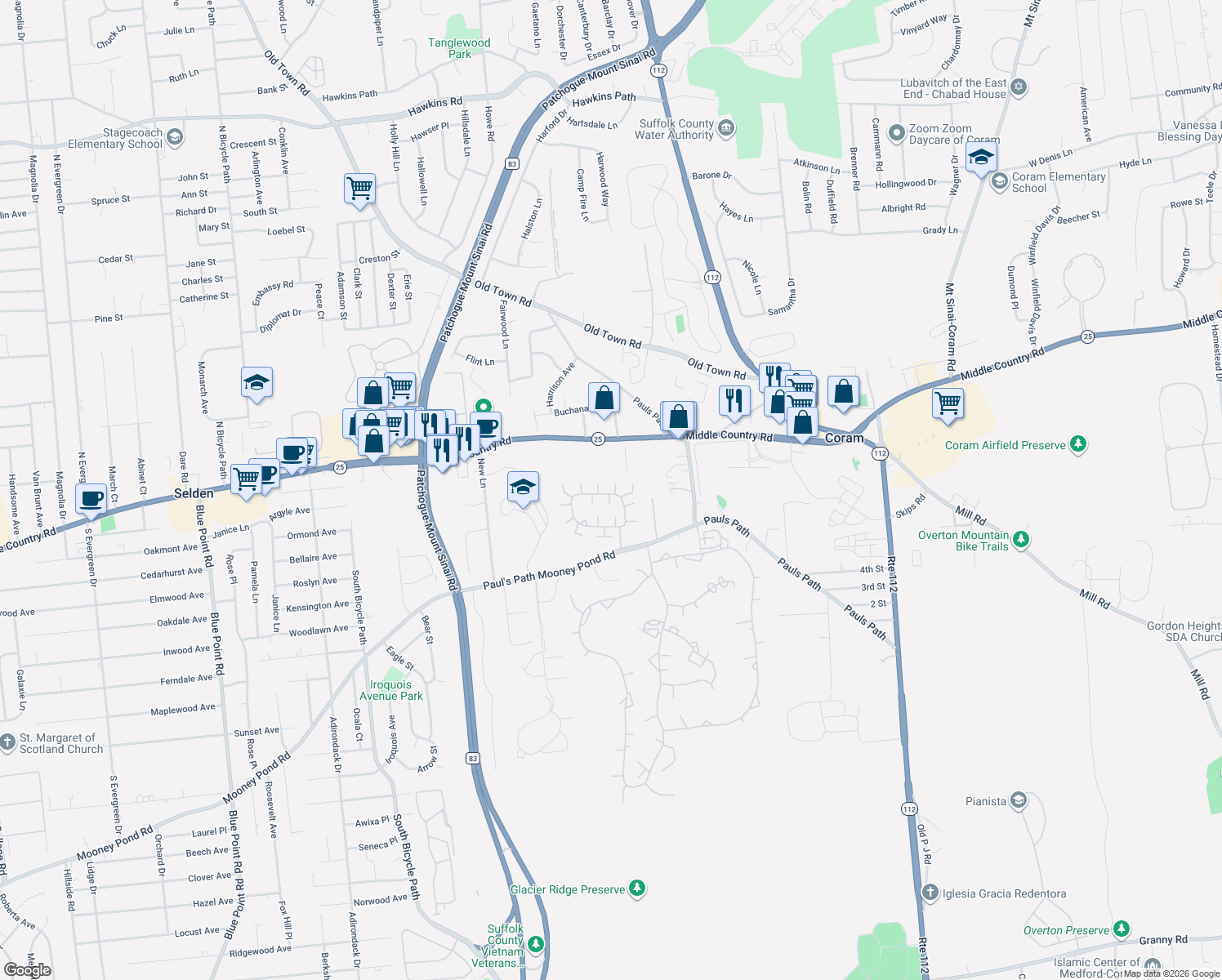 map of restaurants, bars, coffee shops, grocery stores, and more near 41 Theodore Dr in Coram