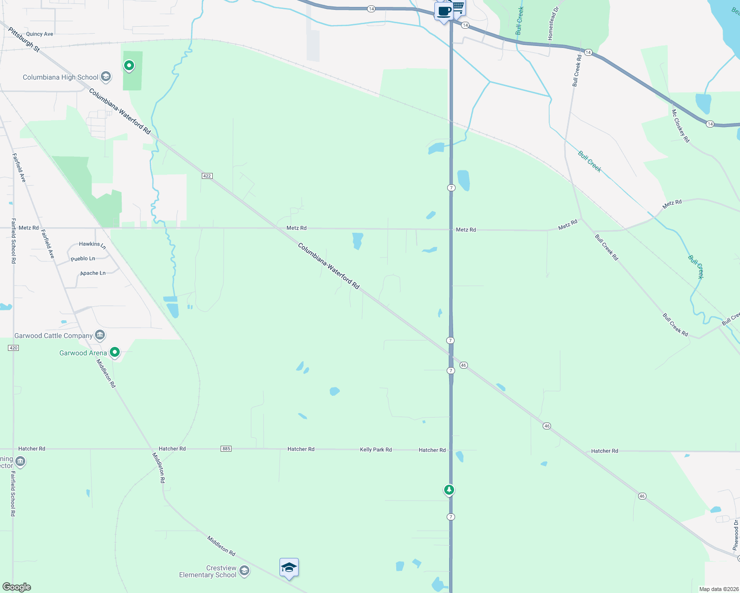 map of restaurants, bars, coffee shops, grocery stores, and more near 44635 Columbiana-Waterford Road in Columbiana