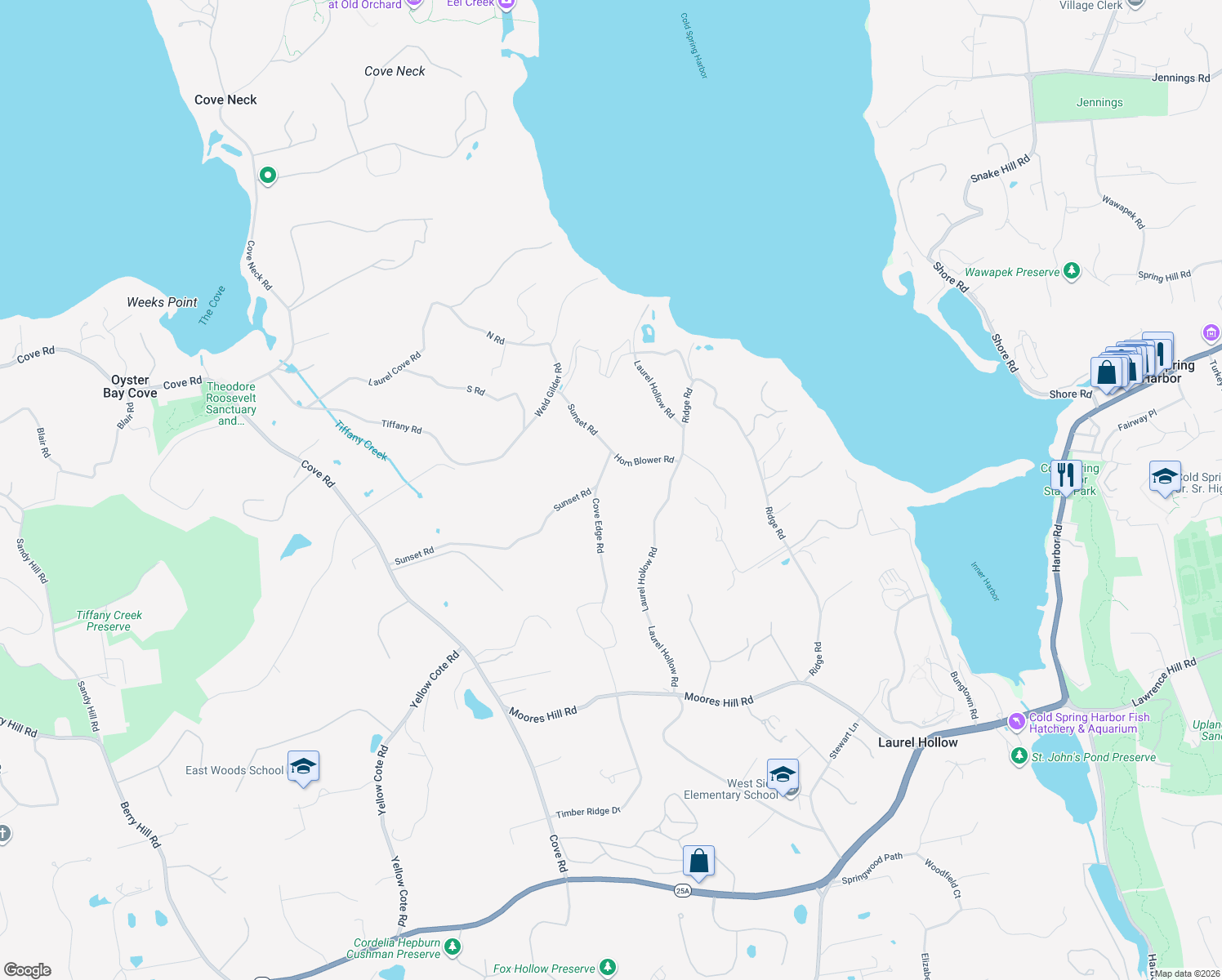 map of restaurants, bars, coffee shops, grocery stores, and more near 204 Sunset Road in Oyster Bay
