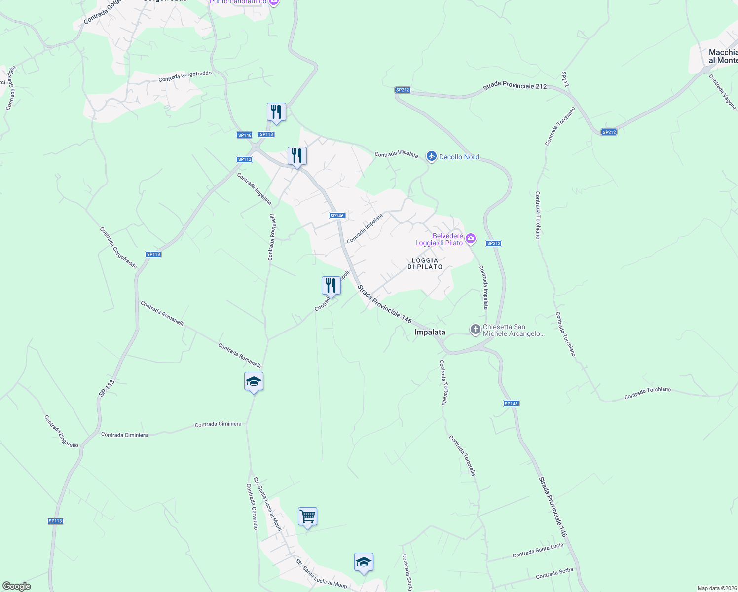 map of restaurants, bars, coffee shops, grocery stores, and more near 451 Contrada Impalata in Impalata