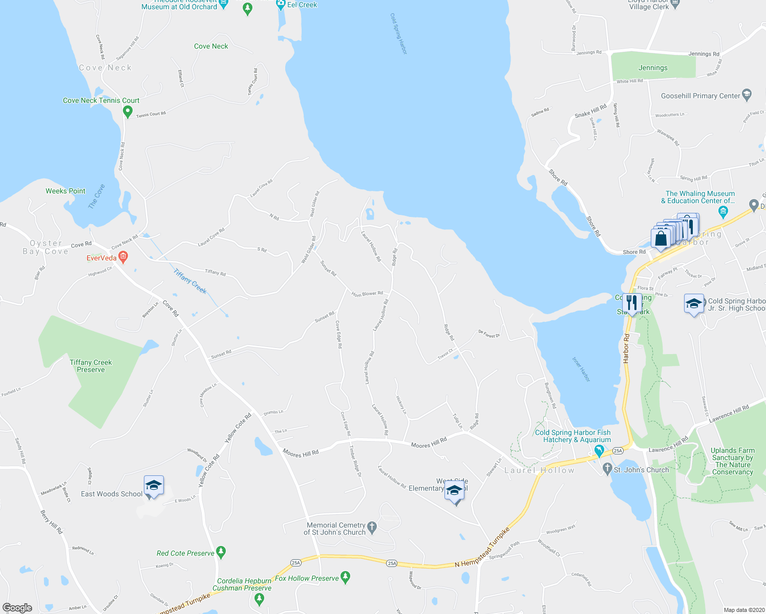 map of restaurants, bars, coffee shops, grocery stores, and more near 1524 Laurel Hollow Road in Syosset