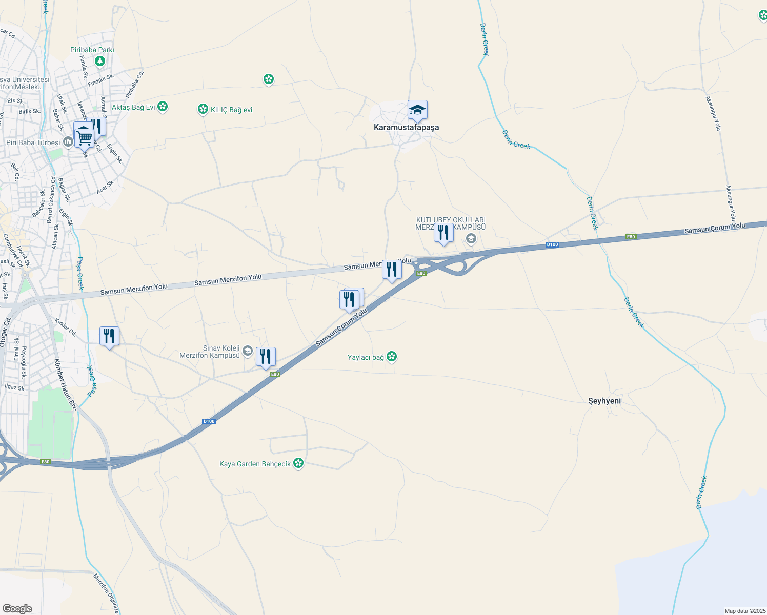 map of restaurants, bars, coffee shops, grocery stores, and more near in Merzifon