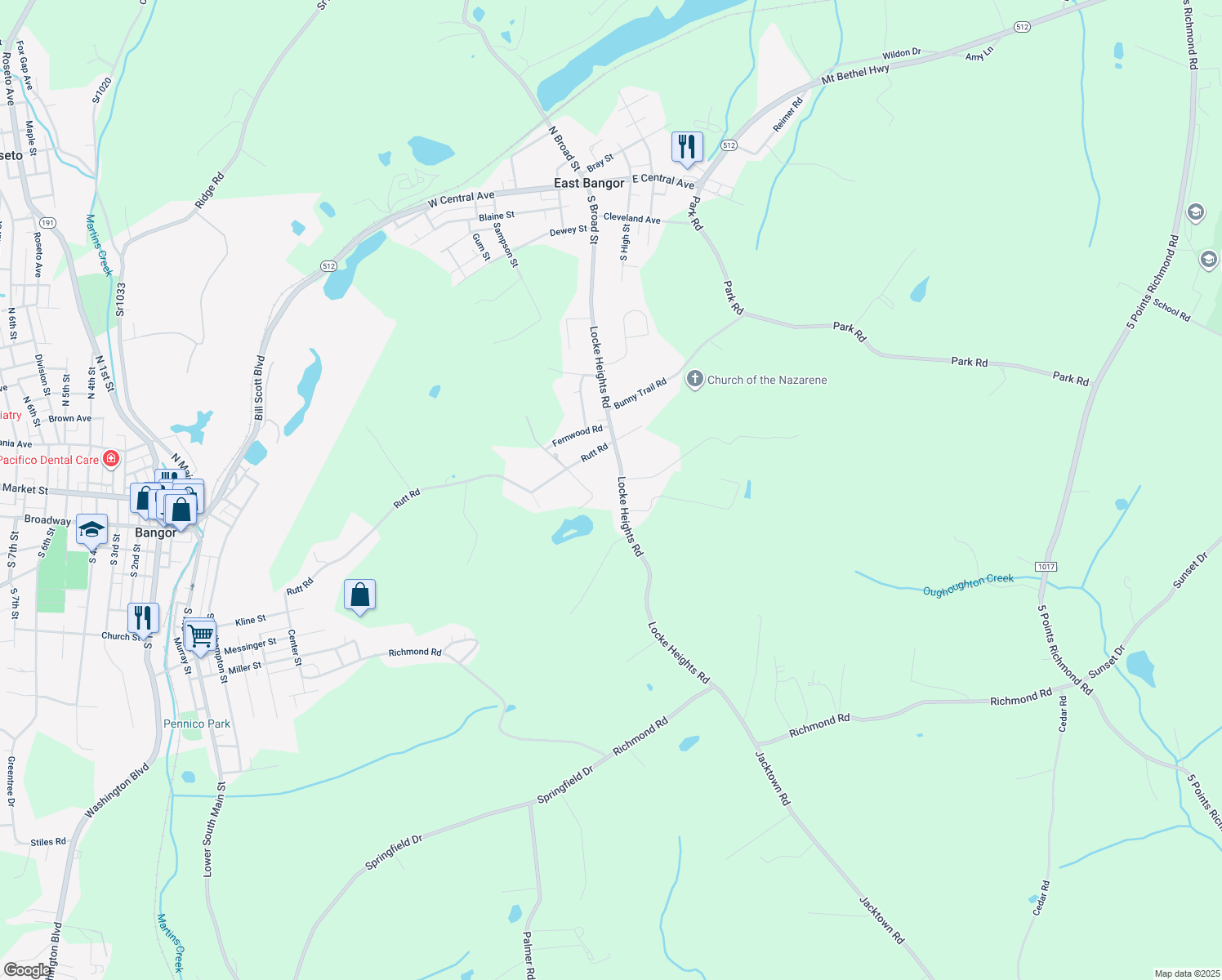 map of restaurants, bars, coffee shops, grocery stores, and more near 460 Locke Heights Road in Bangor