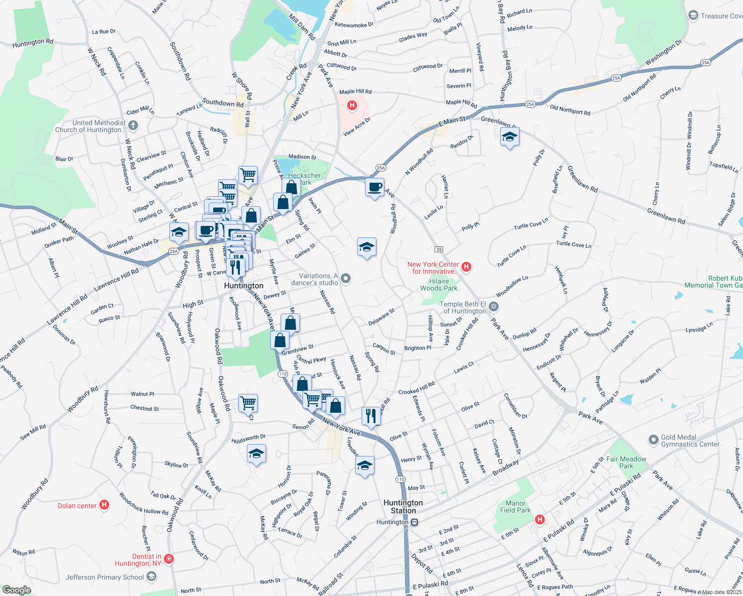 map of restaurants, bars, coffee shops, grocery stores, and more near 3 Cardinal Court in Huntington