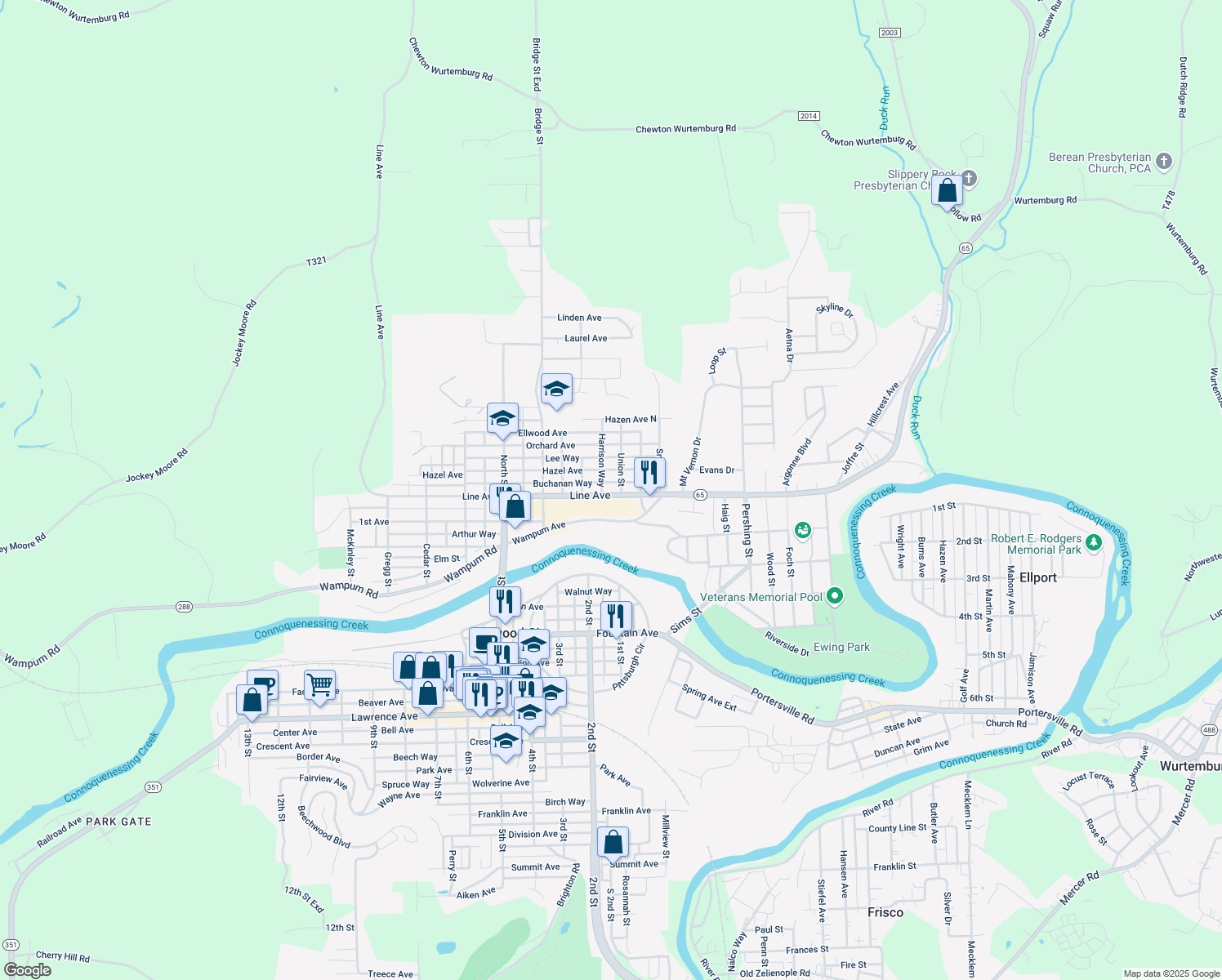 map of restaurants, bars, coffee shops, grocery stores, and more near 212 Line Avenue in Ellwood City