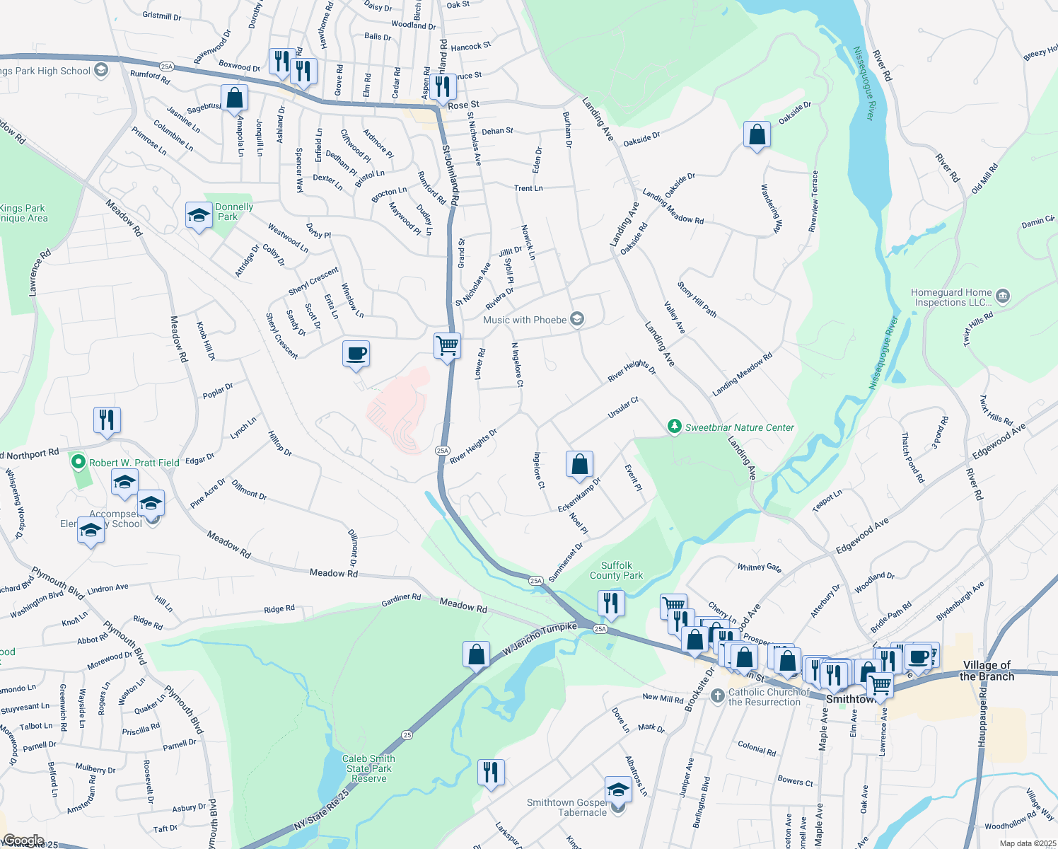 map of restaurants, bars, coffee shops, grocery stores, and more near 40 River Heights Drive in Smithtown