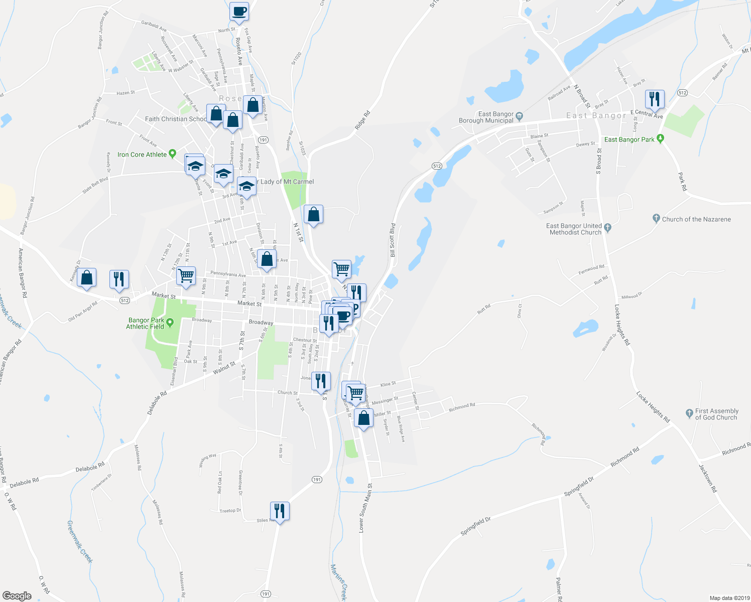 map of restaurants, bars, coffee shops, grocery stores, and more near 225 Erdman Avenue in Bangor