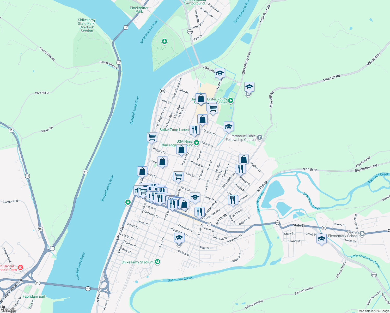 map of restaurants, bars, coffee shops, grocery stores, and more near 499 Masser St in Sunbury