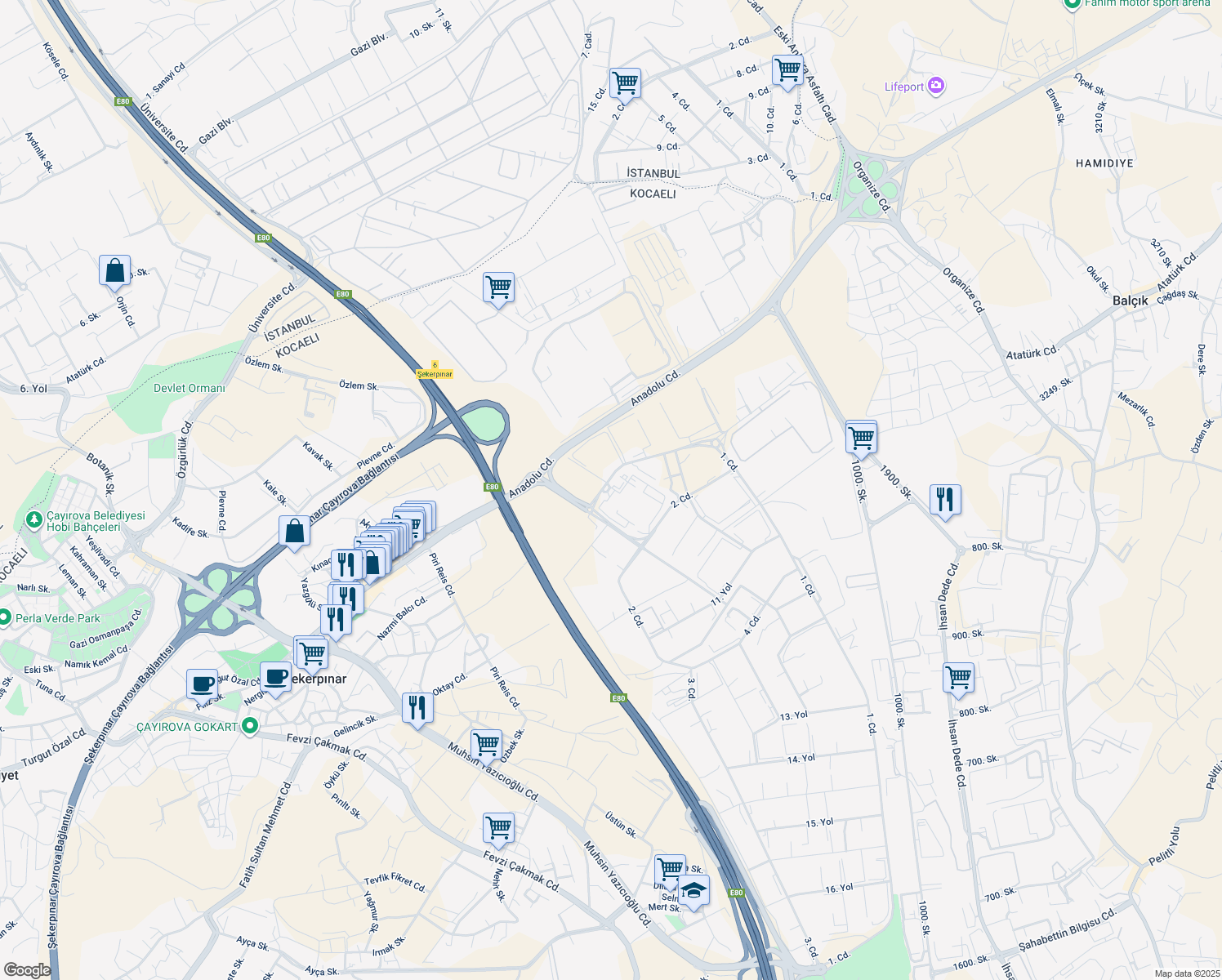 map of restaurants, bars, coffee shops, grocery stores, and more near No:6 1. Caddesi in Çayırova