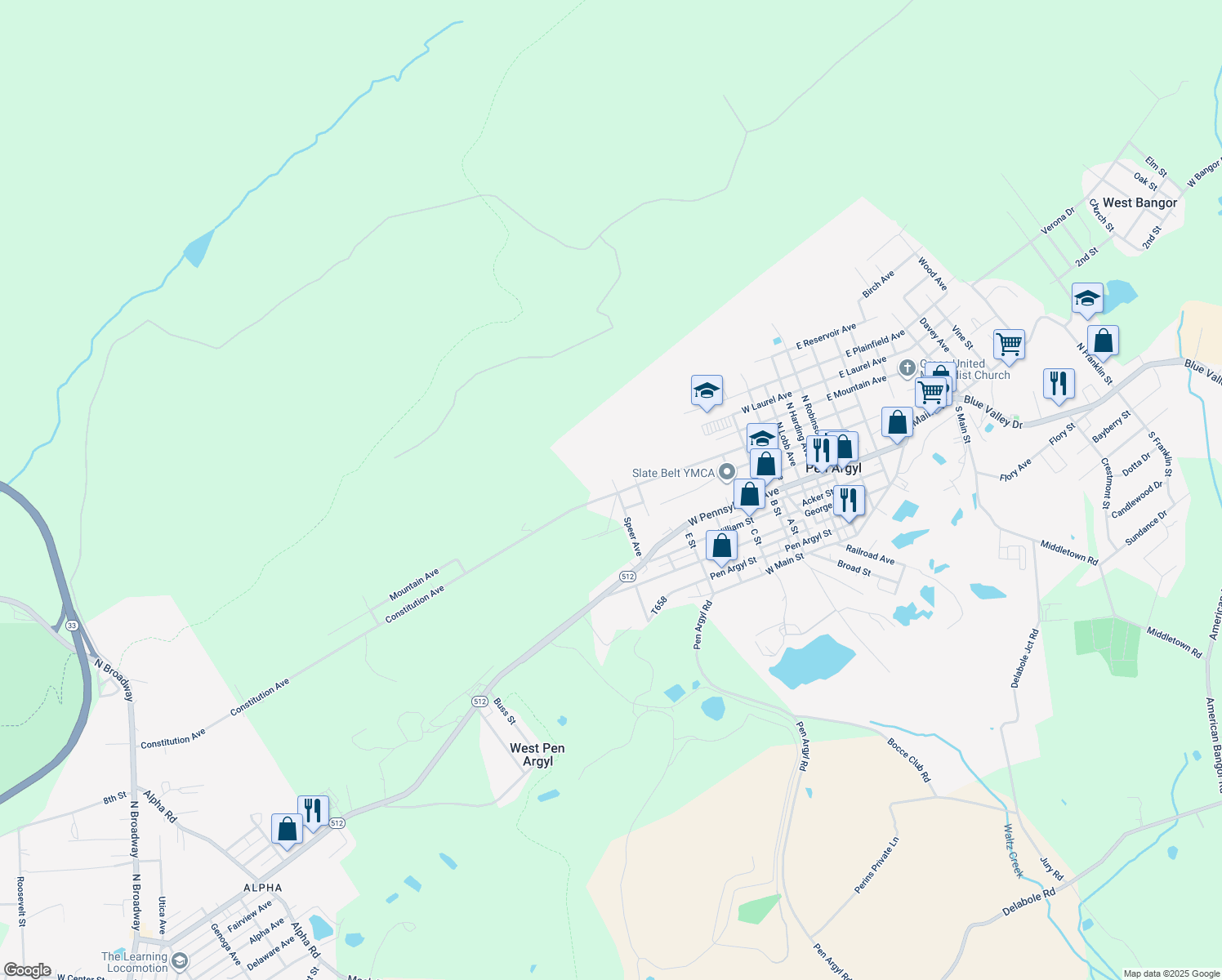 map of restaurants, bars, coffee shops, grocery stores, and more near 819 Constitution Avenue in Pen Argyl