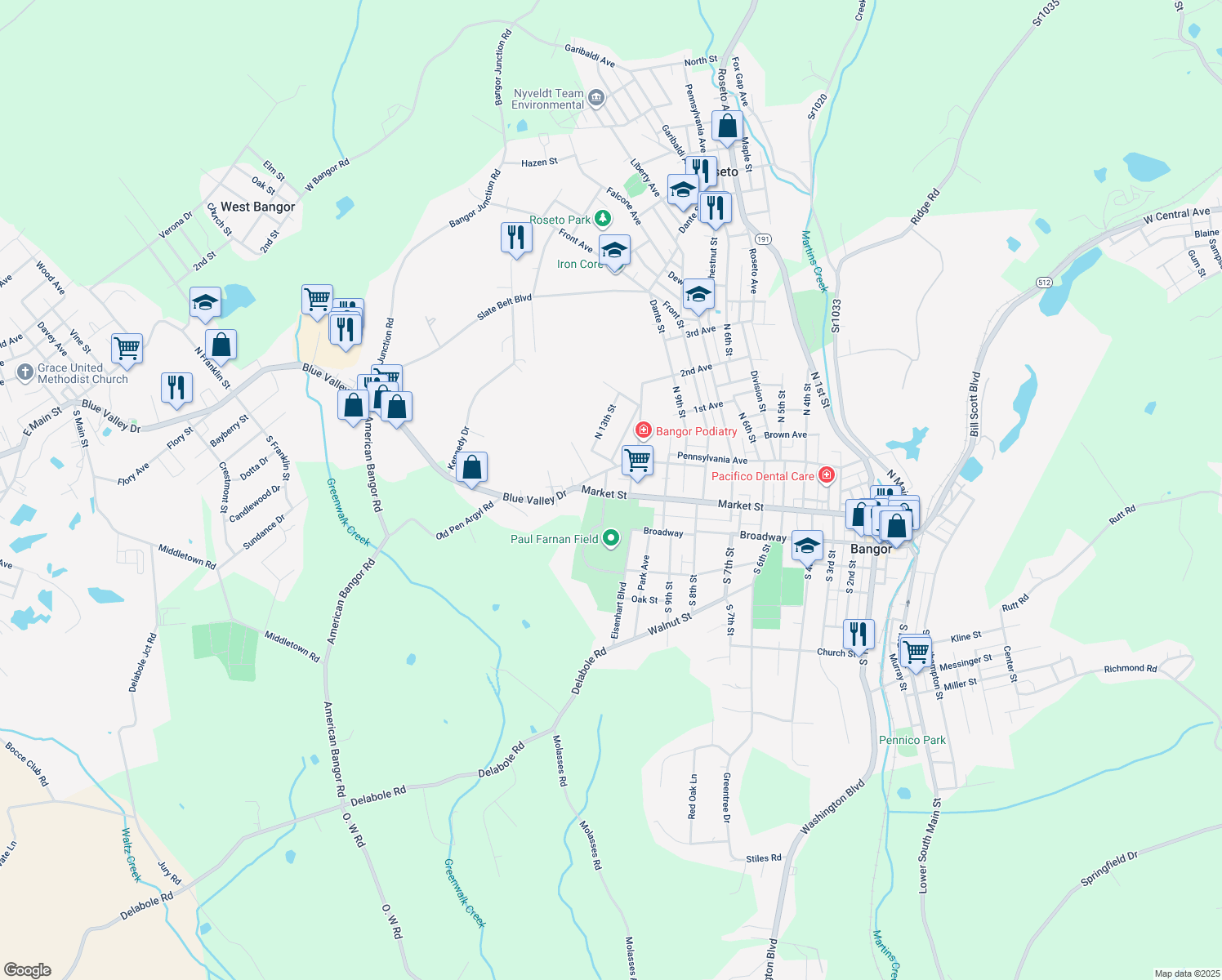 map of restaurants, bars, coffee shops, grocery stores, and more near 1033 Market Street in Bangor