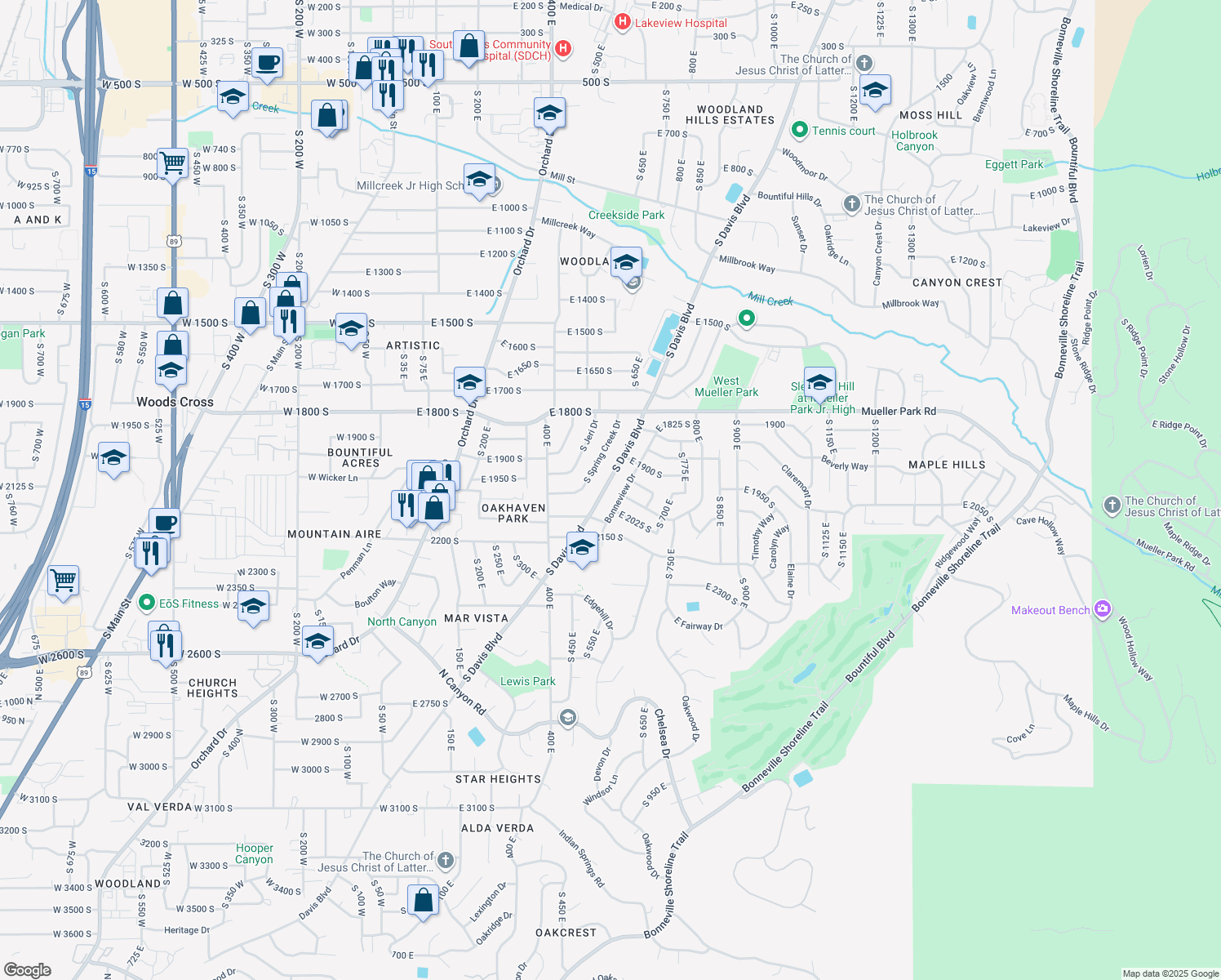 map of restaurants, bars, coffee shops, grocery stores, and more near 1973 South Davis Boulevard in Bountiful