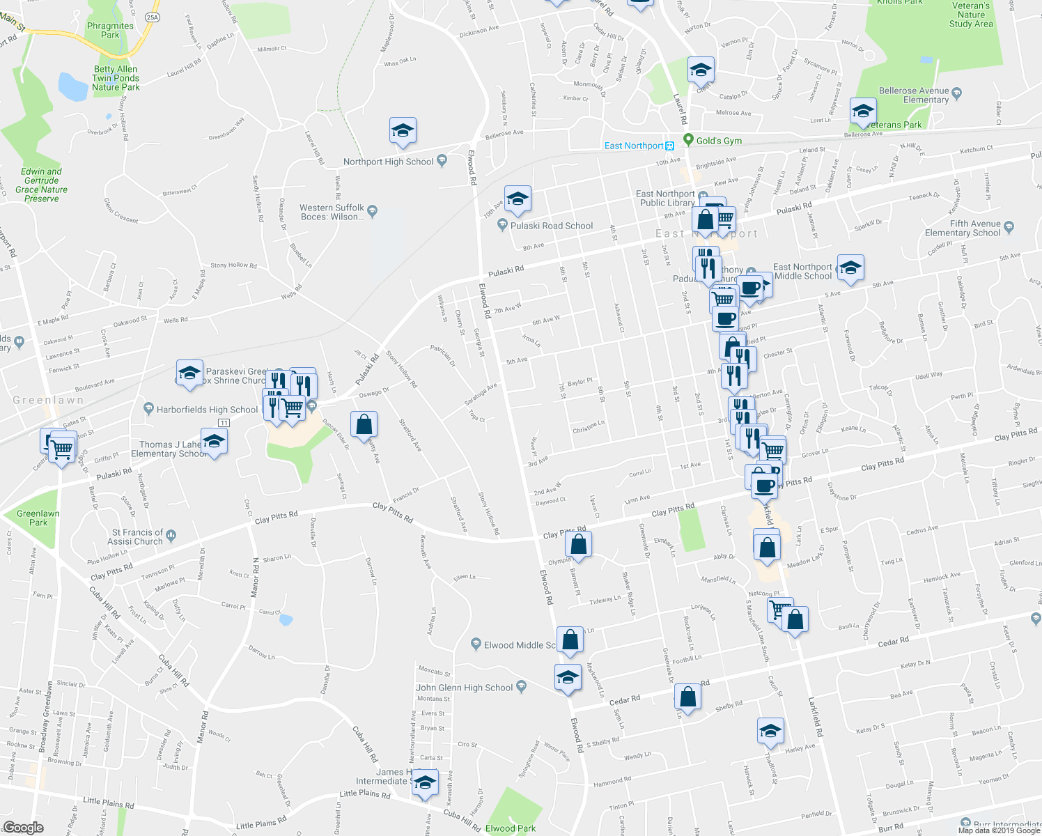 map of restaurants, bars, coffee shops, grocery stores, and more near 317 Elwood Road in East Northport