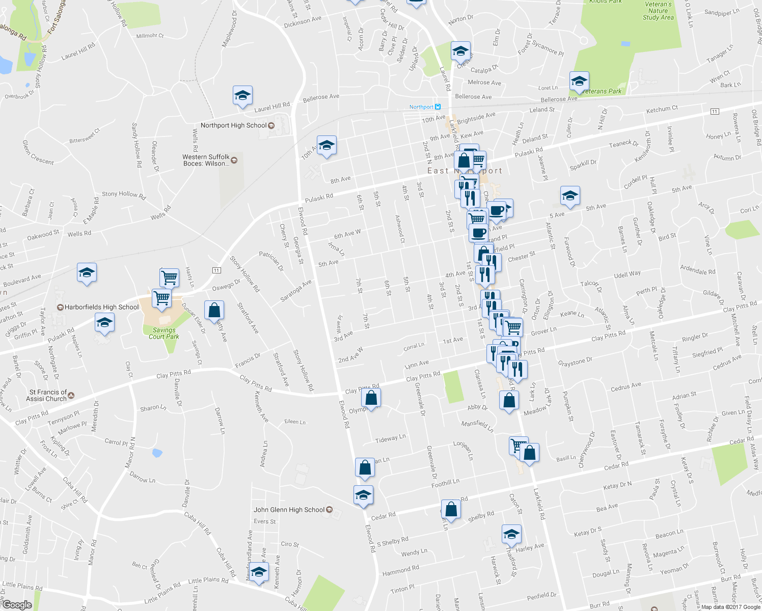 map of restaurants, bars, coffee shops, grocery stores, and more near 15 Christine Lane in East Northport