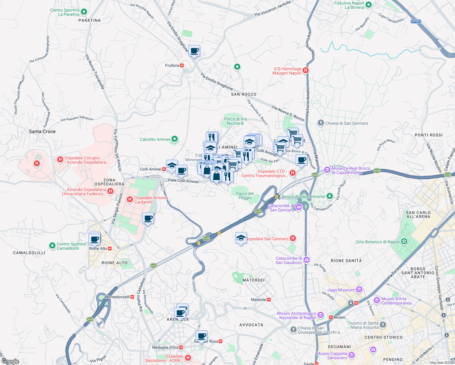 map of restaurants, bars, coffee shops, grocery stores, and more near Via delle Mimose in Naples