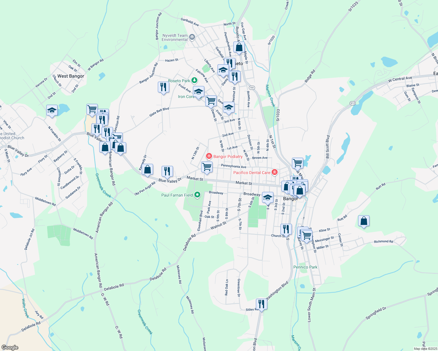 map of restaurants, bars, coffee shops, grocery stores, and more near 47 North 9th Street in Bangor