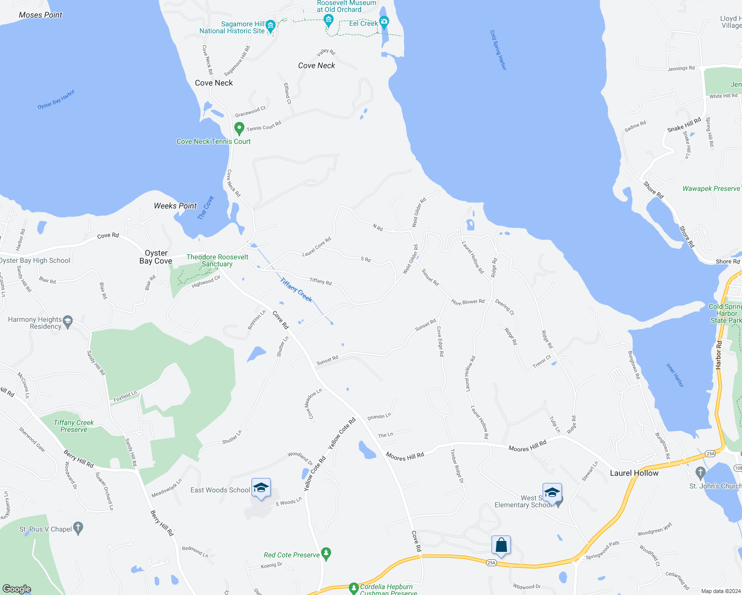 map of restaurants, bars, coffee shops, grocery stores, and more near 27 Tiffany Road in Oyster Bay