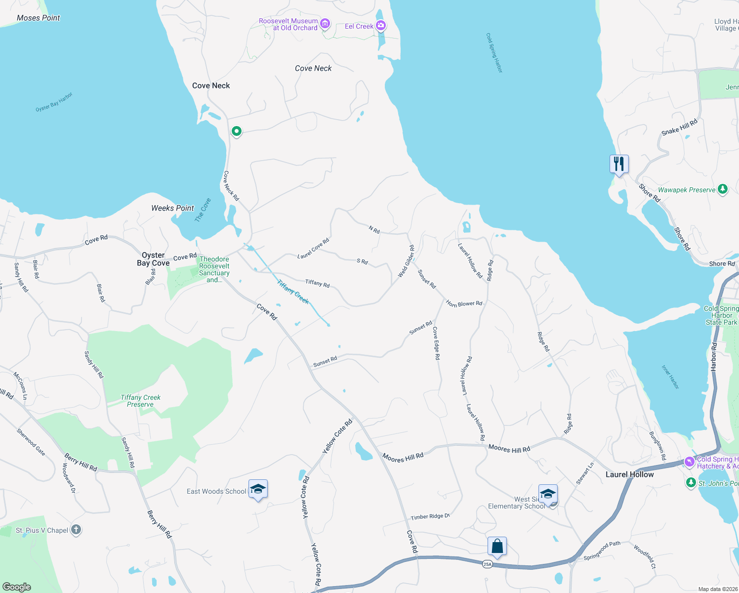 map of restaurants, bars, coffee shops, grocery stores, and more near 27 Tiffany Road in Oyster Bay