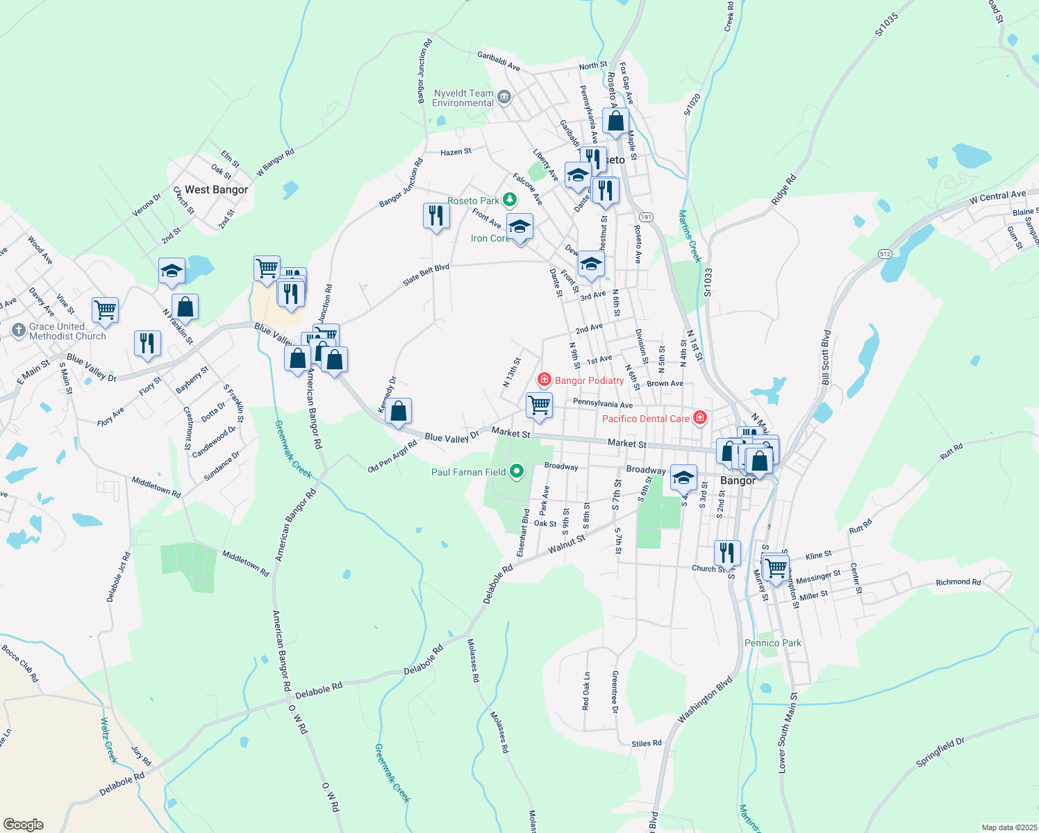 map of restaurants, bars, coffee shops, grocery stores, and more near 1090 Upper Pennsylvania Avenue in Bangor