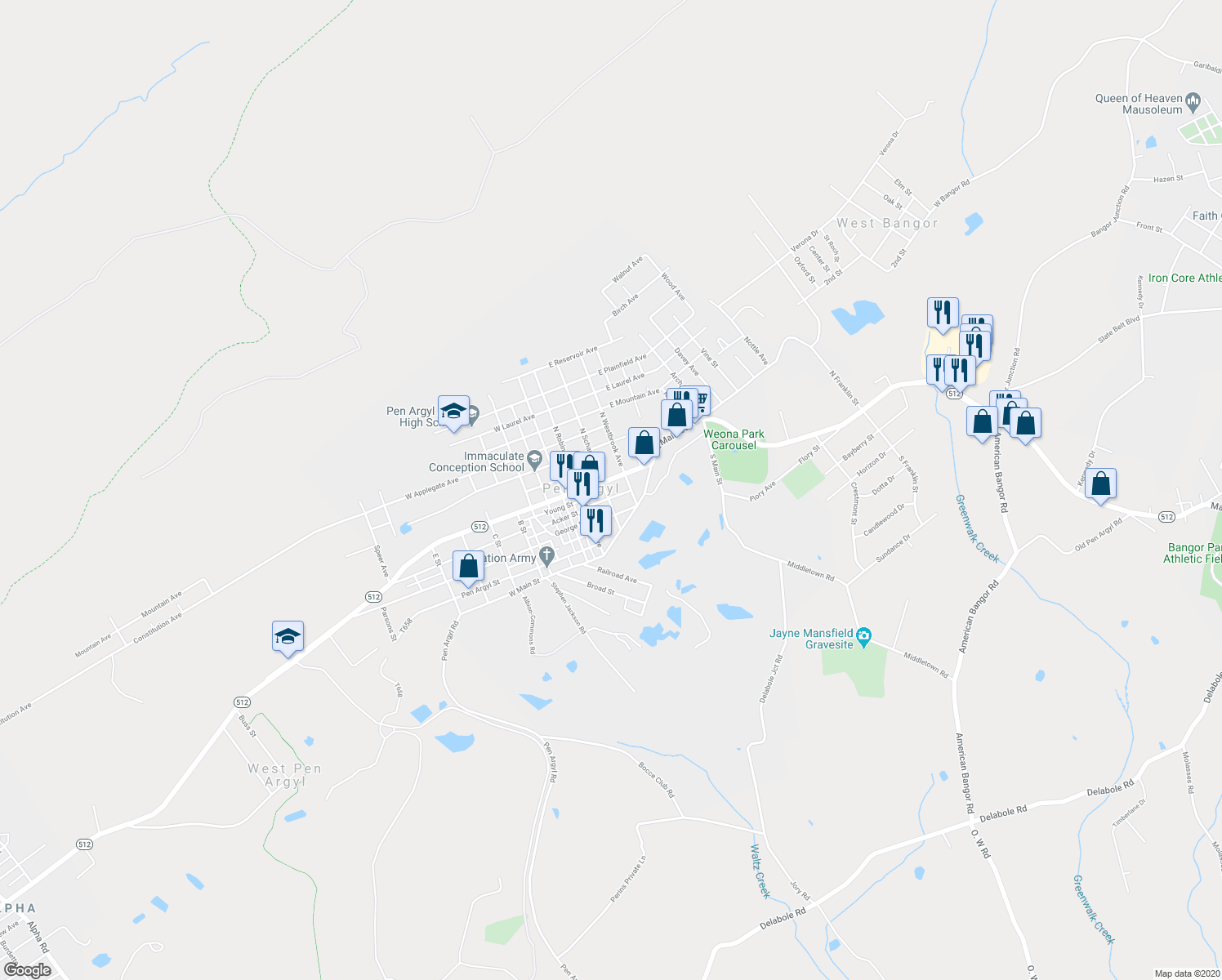 map of restaurants, bars, coffee shops, grocery stores, and more near 14 South Schanck Avenue in Pen Argyl