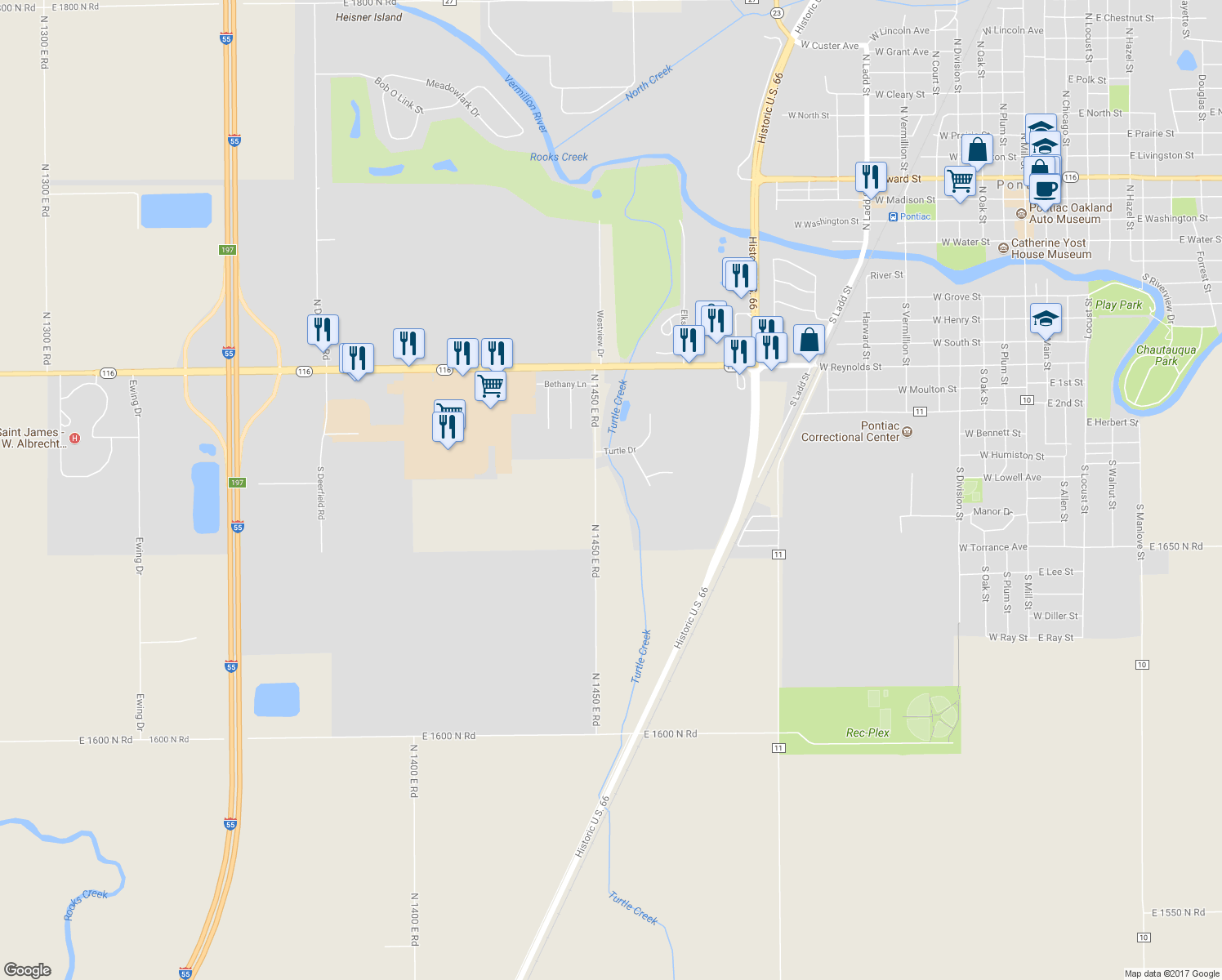 map of restaurants, bars, coffee shops, grocery stores, and more near 1004 North 1450 East Road in Pontiac