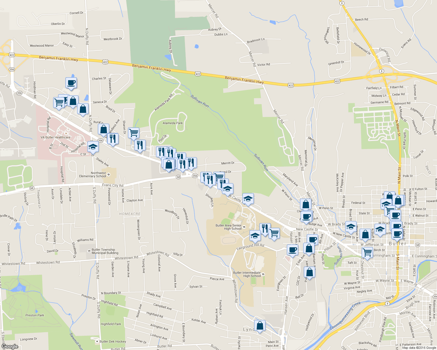 map of restaurants, bars, coffee shops, grocery stores, and more near 118 Remil Drive in Butler