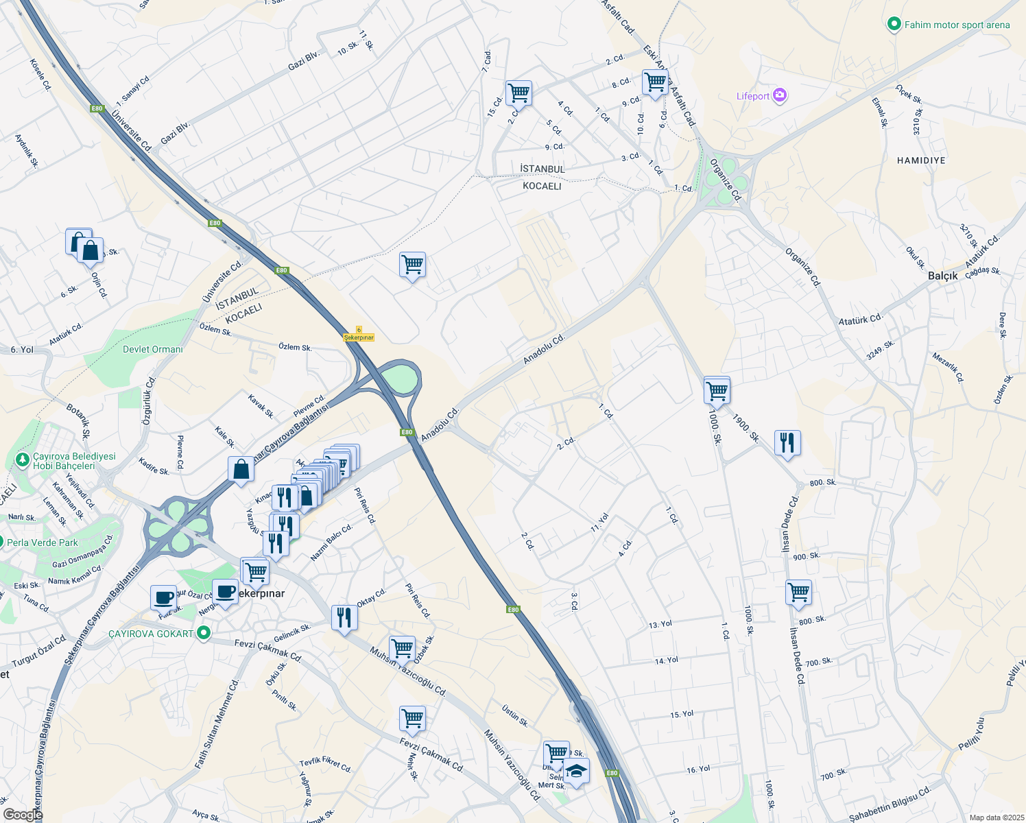 map of restaurants, bars, coffee shops, grocery stores, and more near No:6 1. Caddesi in Çayırova
