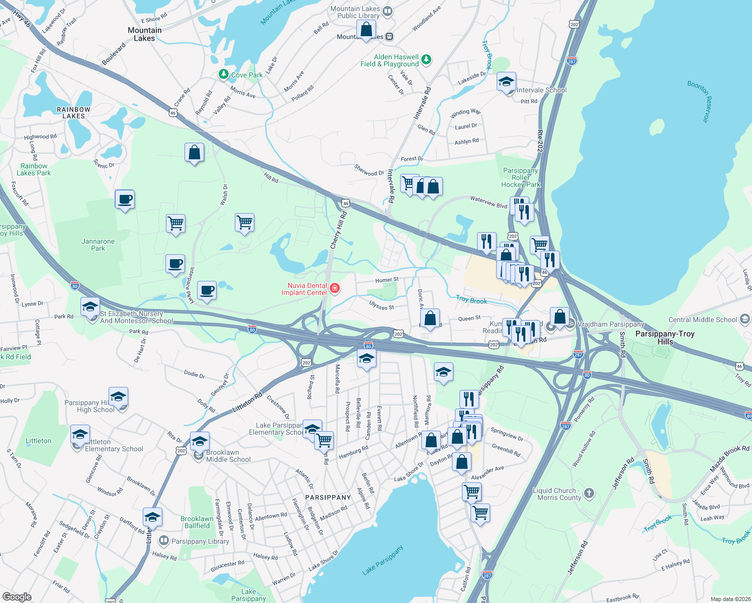 map of restaurants, bars, coffee shops, grocery stores, and more near 15 Ulysses Street in Parsippany-Troy Hills