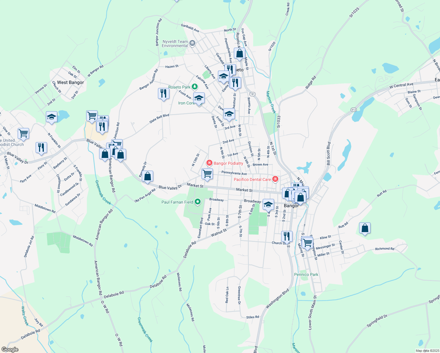 map of restaurants, bars, coffee shops, grocery stores, and more near 918 Upper Pennsylvania Avenue in Bangor