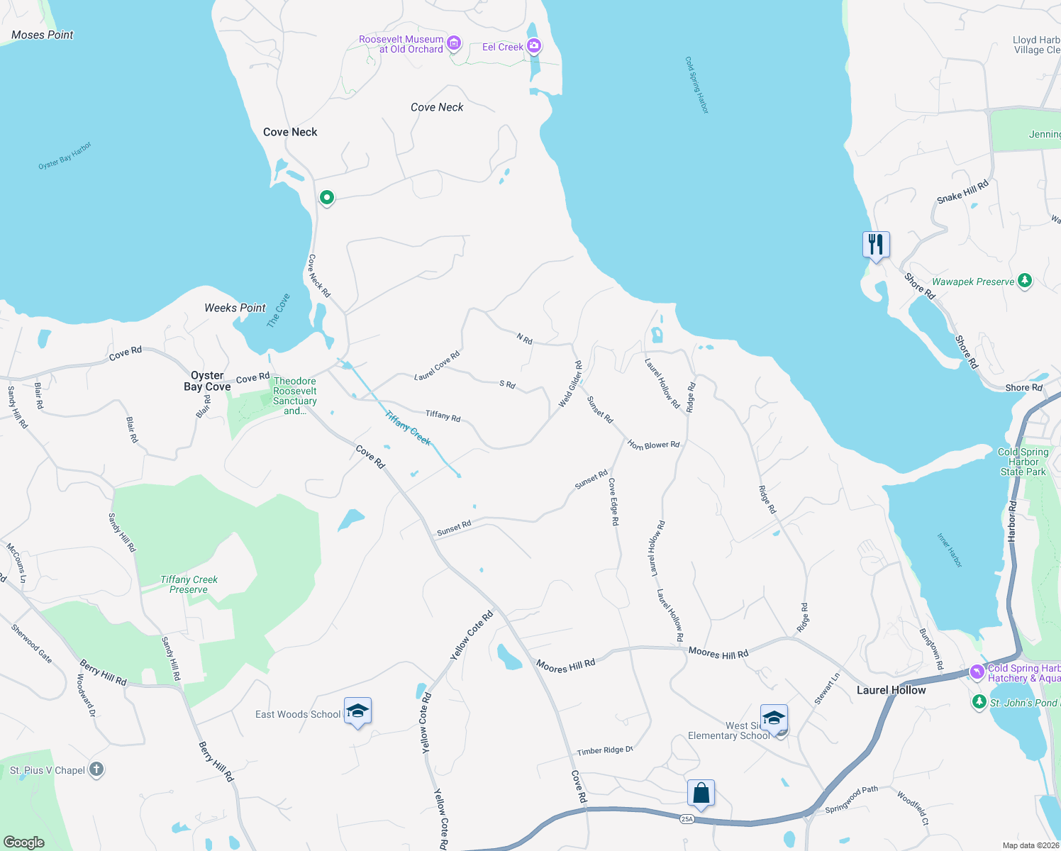 map of restaurants, bars, coffee shops, grocery stores, and more near 6 Tiffany Road in Oyster Bay
