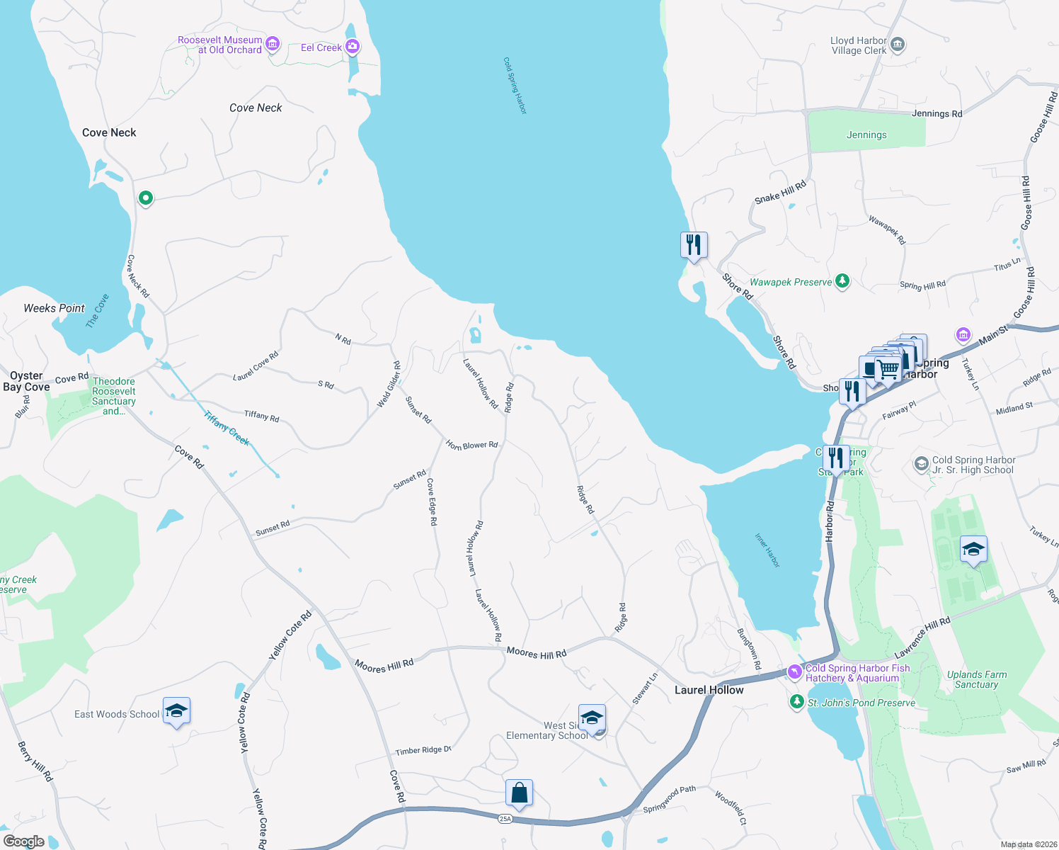 map of restaurants, bars, coffee shops, grocery stores, and more near 1414 Ridge Road in Syosset