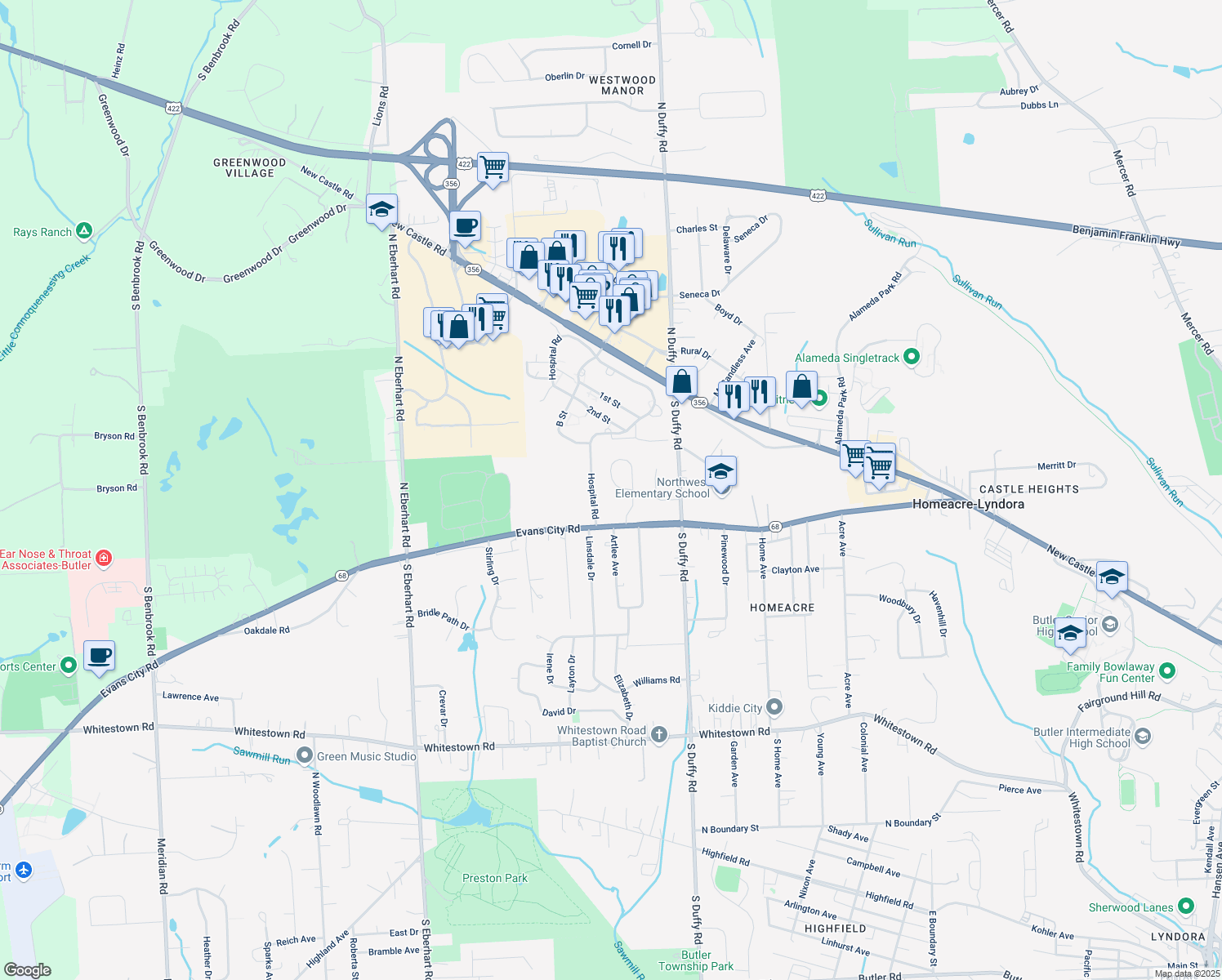 map of restaurants, bars, coffee shops, grocery stores, and more near 224 Camelot Drive in Butler