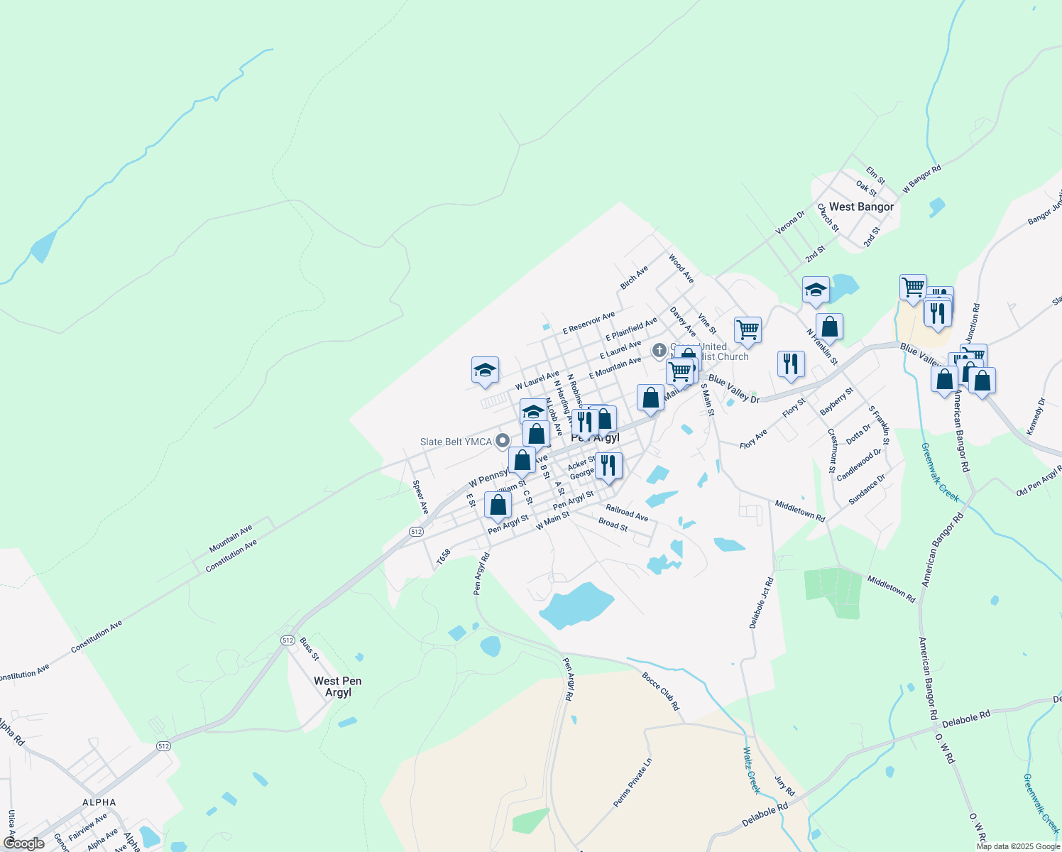 map of restaurants, bars, coffee shops, grocery stores, and more near 313 West Babbitt Avenue in Pen Argyl