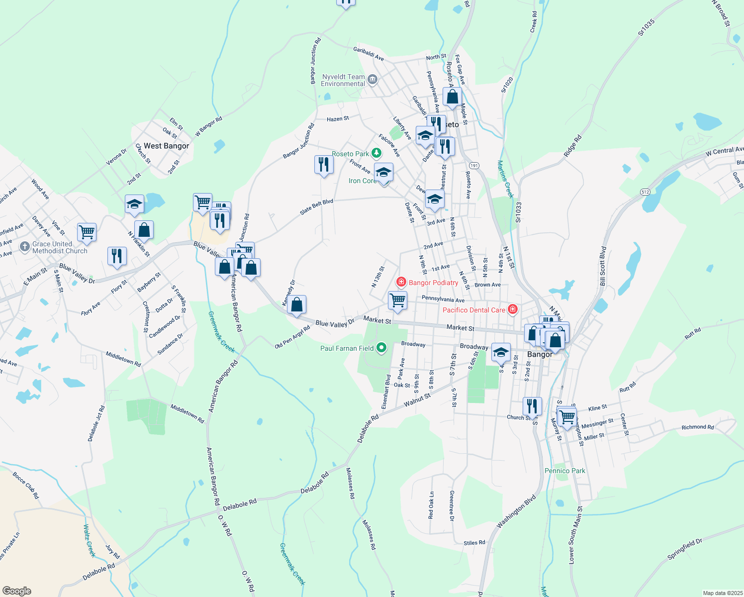 map of restaurants, bars, coffee shops, grocery stores, and more near 1122 Roosevelt Street in Bangor