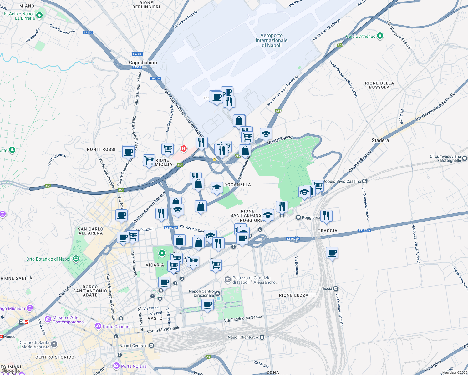 map of restaurants, bars, coffee shops, grocery stores, and more near 28 Via Nuova del Campo in Napoli