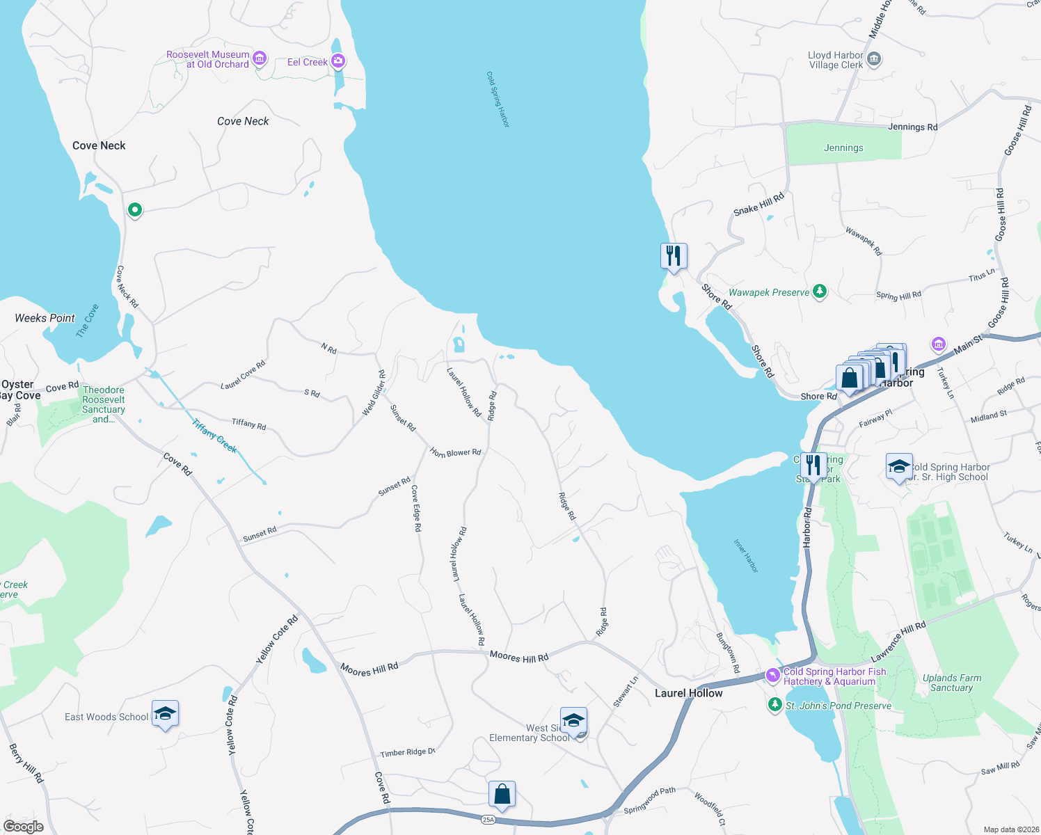 map of restaurants, bars, coffee shops, grocery stores, and more near 1414 Ridge Road in Syosset